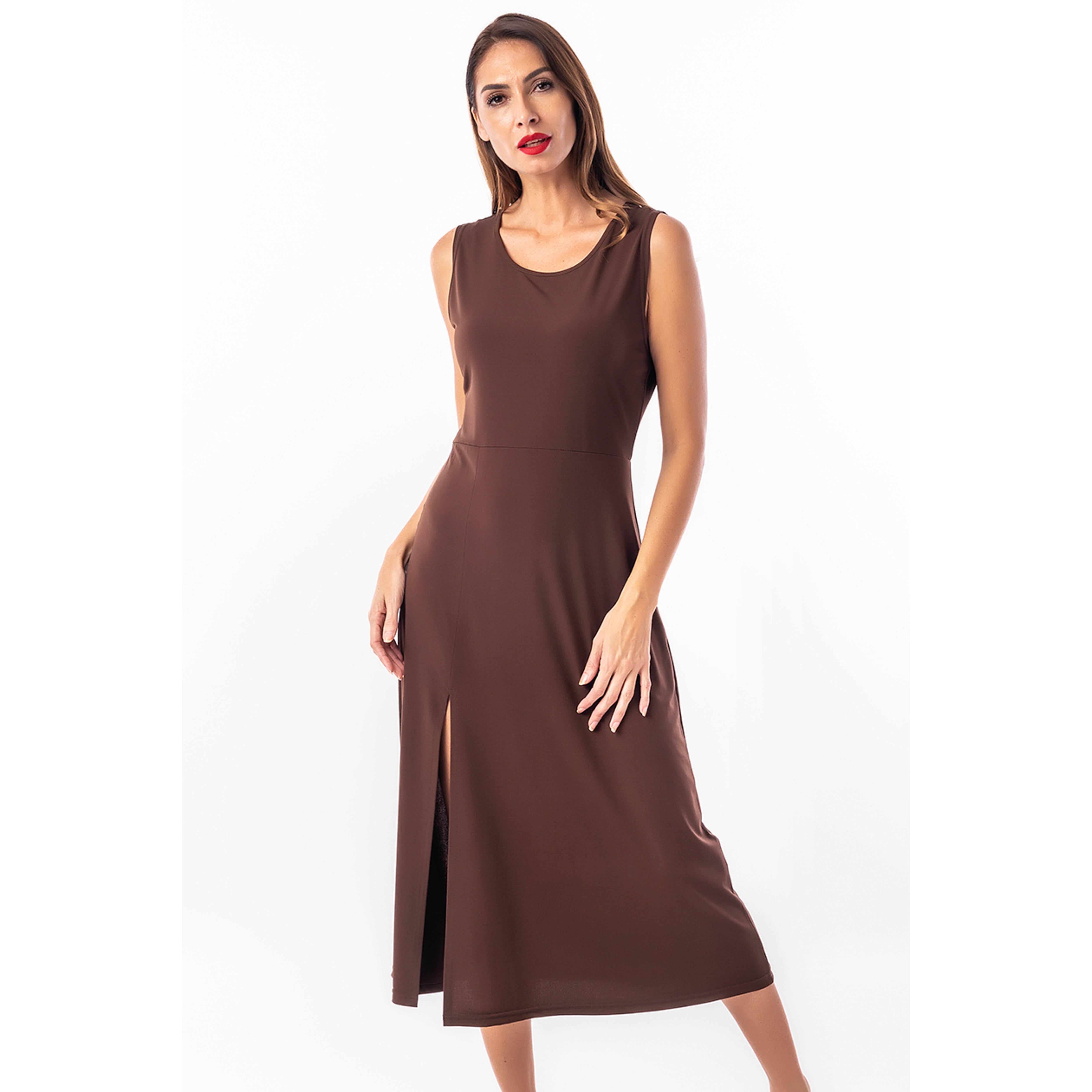 Vestido Mujer Midi Liso Sin Mangas con Abertura Frontal - Genuine