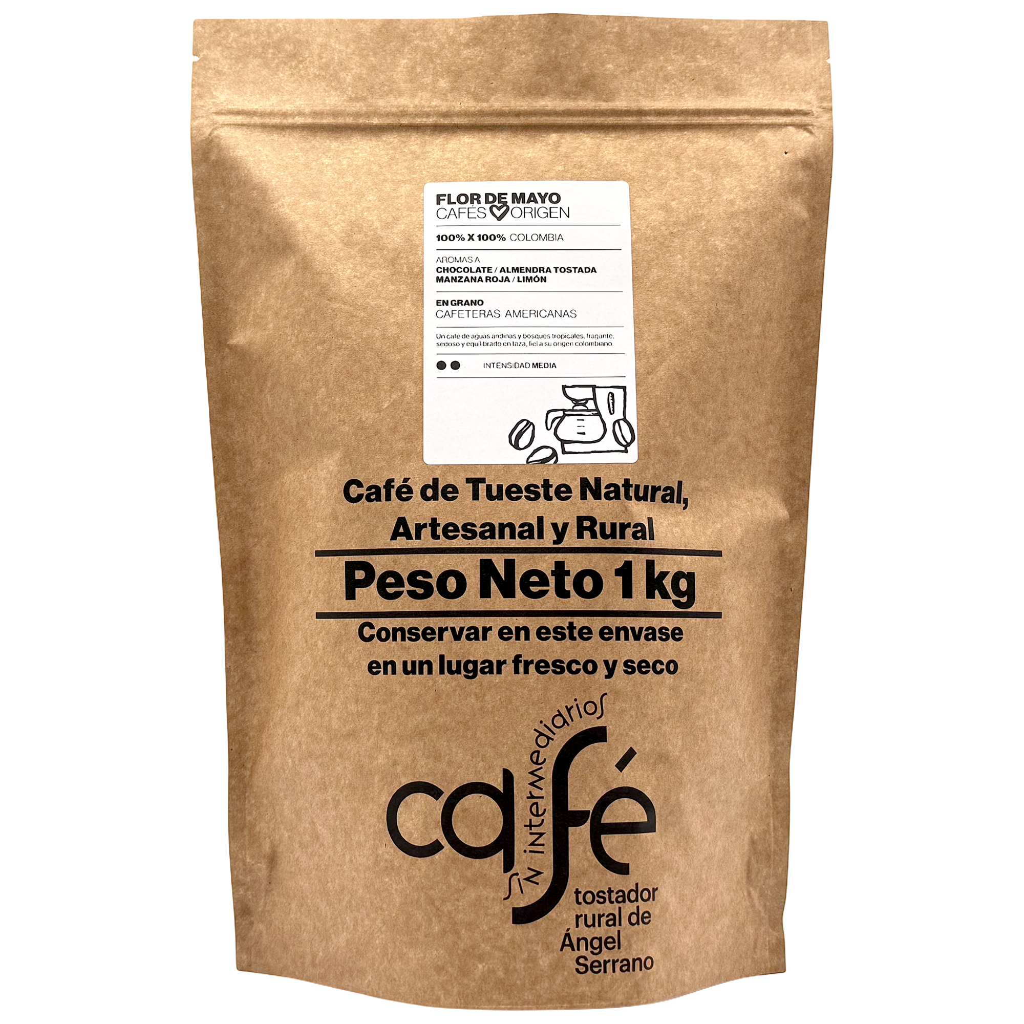 CAFÉ SIN INTERMEDIARIOS - 100% Colombia - Flor de Mayo - Ideal para tomar solo - Intensidad de sabor Media - Recién tostado y envasado - 1 Kg Grano o Molido (Exprés, Filtro, Italiana, Americana, Superautomática)