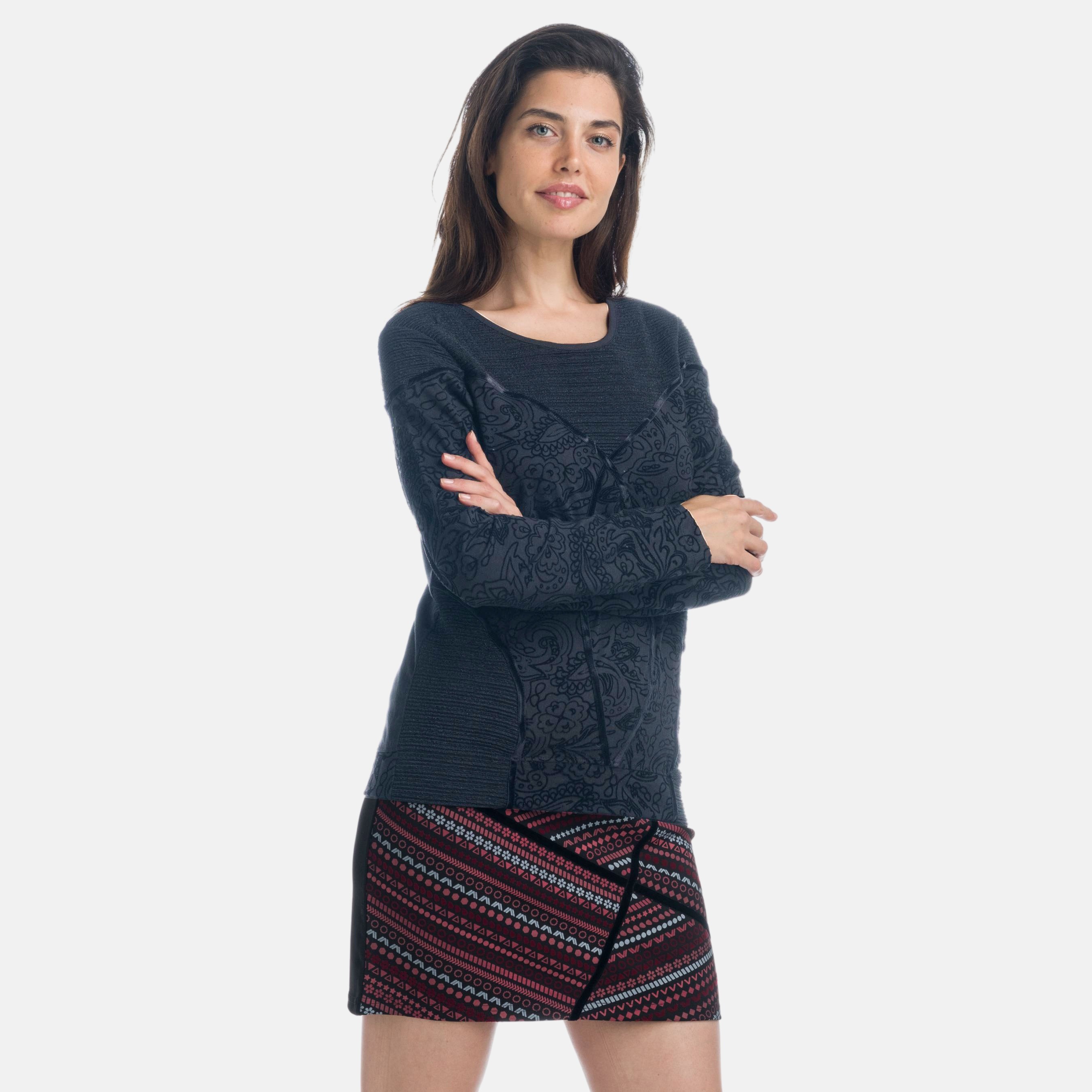 Koroshi - Camiseta manga larga mujer con estampado flock tonal gris, corte regular y escote redondo, 67% algodón y 33% poliéster
