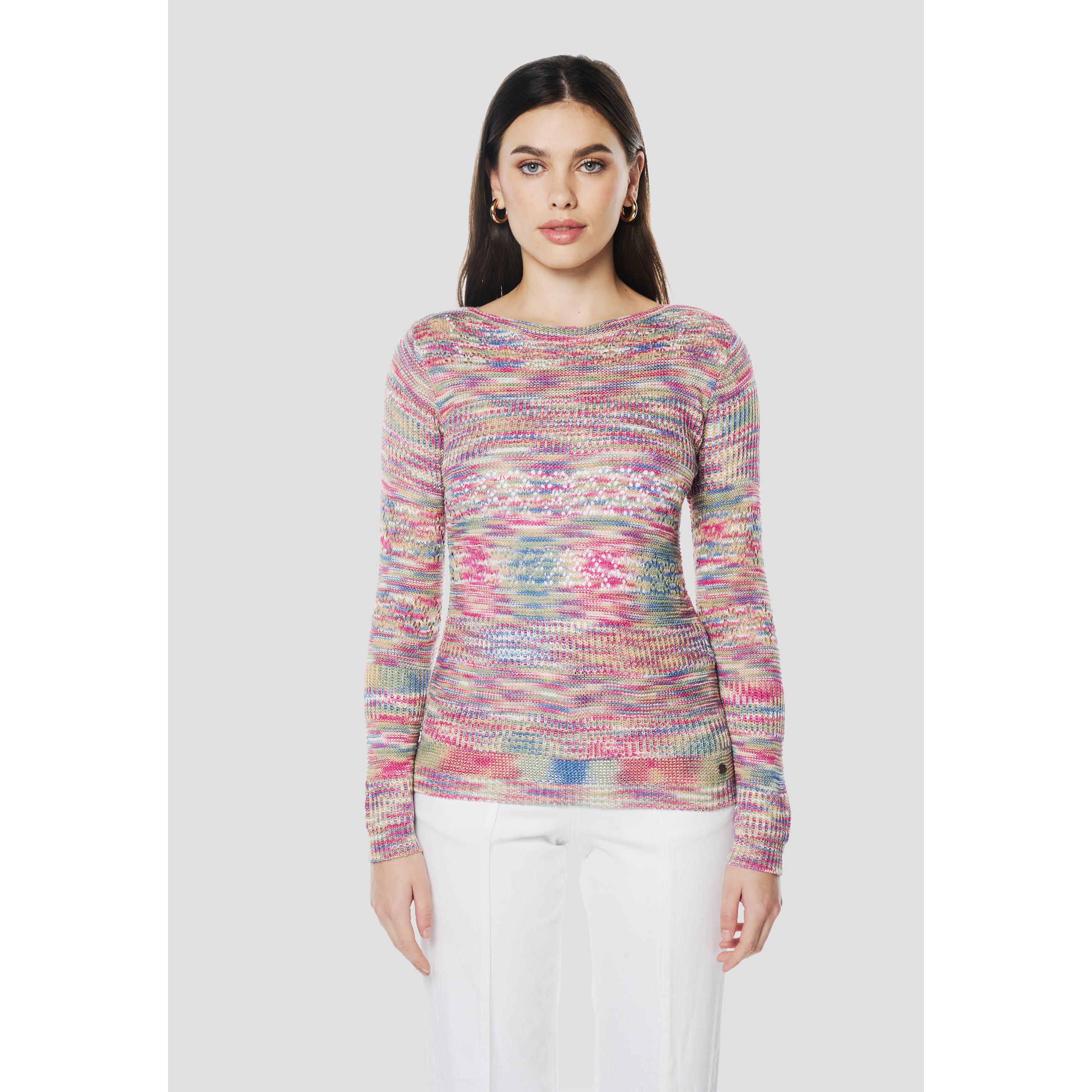 Koroshi - Jersey de punto pointelle rojo para mujer, 95% acrílico y 5% poliéster, manga larga y escote redondo, tejido calado femenino con hilo metálico