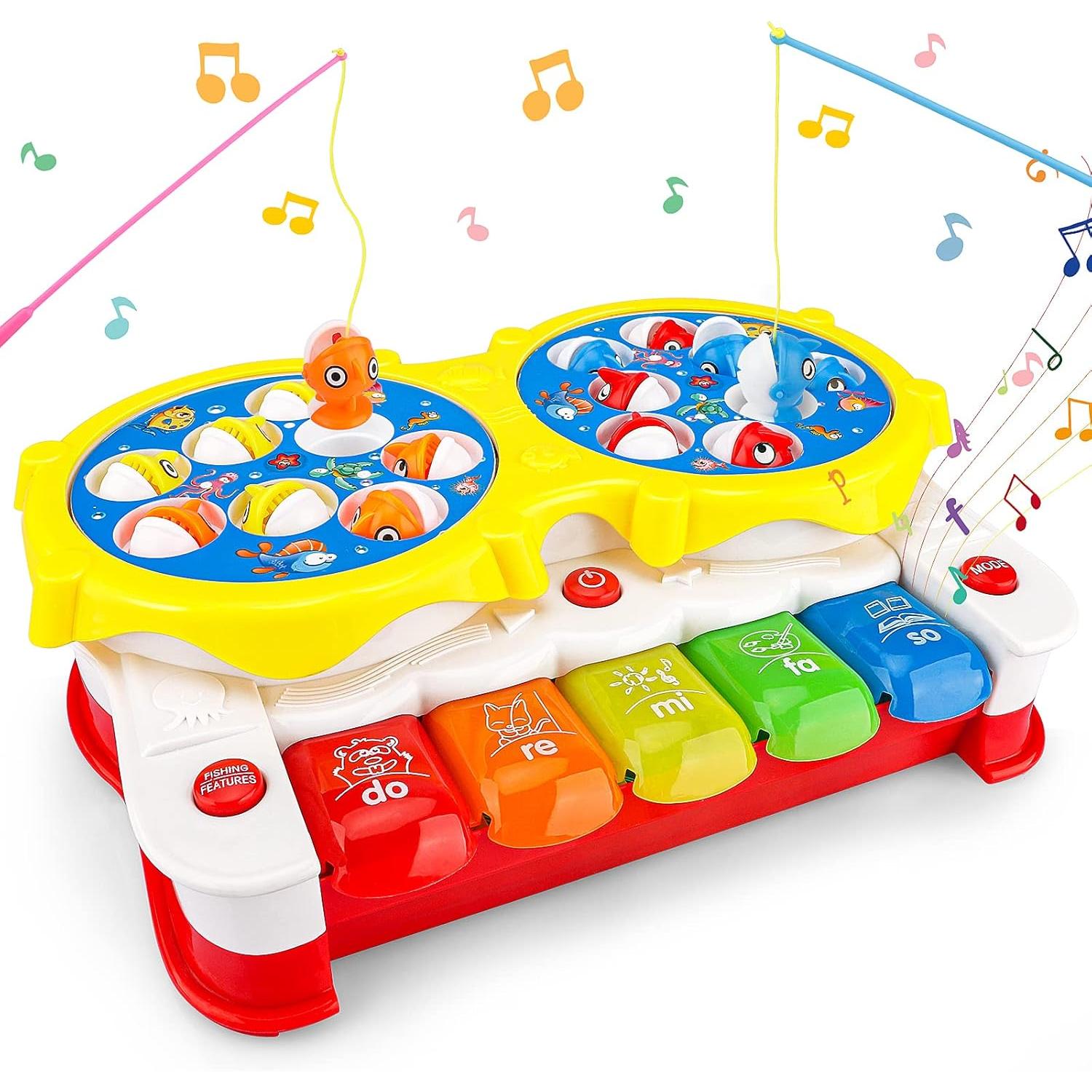 【5 EN 1】Juego de Pesca Peces Niños con Musical, Juguetes Montessori 3 4 5 6 7 Años Piano con Canciones Whack-A-Mole Juego de Mesa Infantil Educativo Interactivo, Regalo Cumpleaños Navidad, Reyes