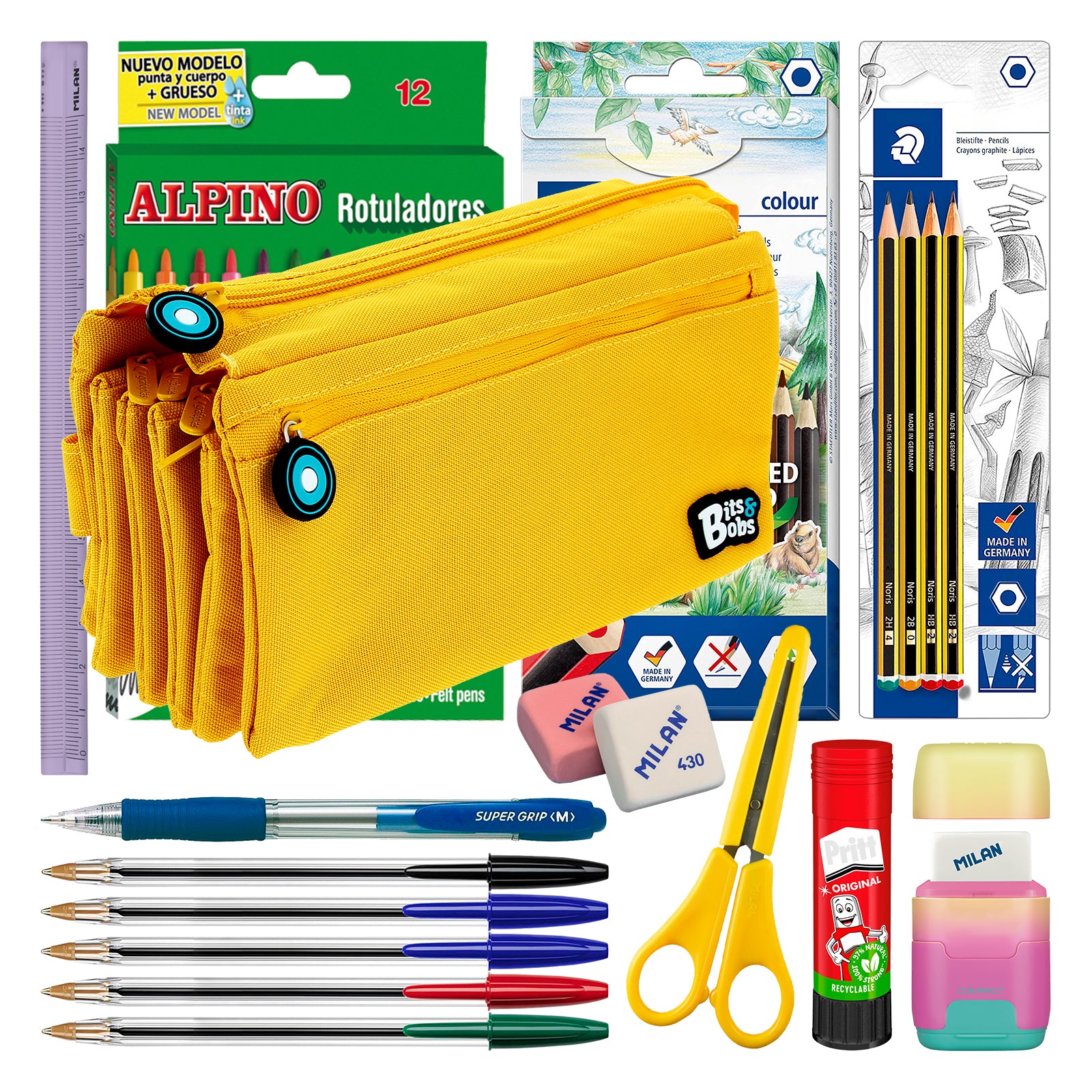 ColePack BitsBobs - Estuche Escolar Cuádruple de 4 Cremalleras y Material Incluido. Amarillo
