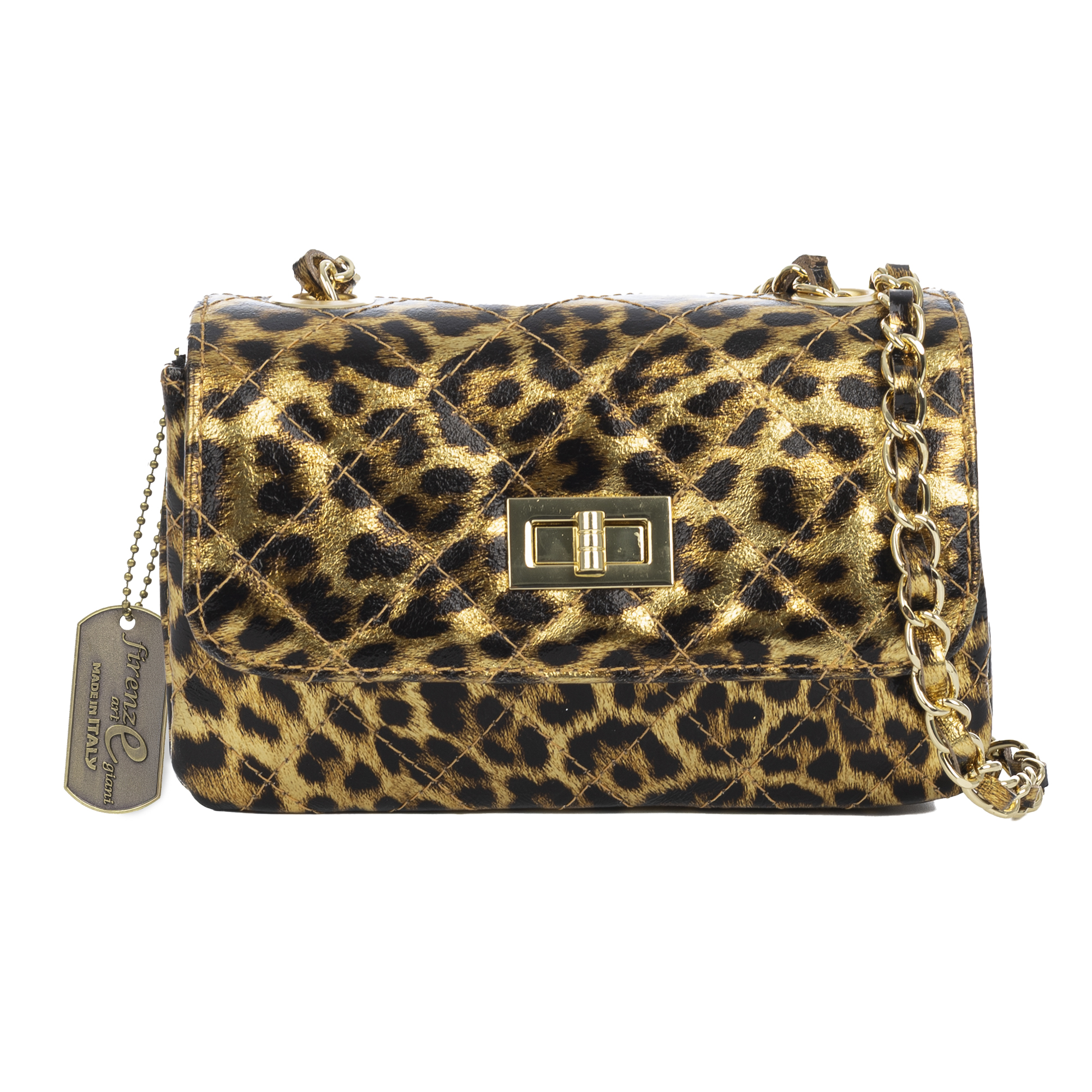 FIRENZE ARTEGIANI Amaro bolso bandolera mujer. Piel auténtica Gamuza acolchada, animal print leopardo, lacado brillante. Fabricado en Italia 20x9x13 Cm. Color: Leopardo
