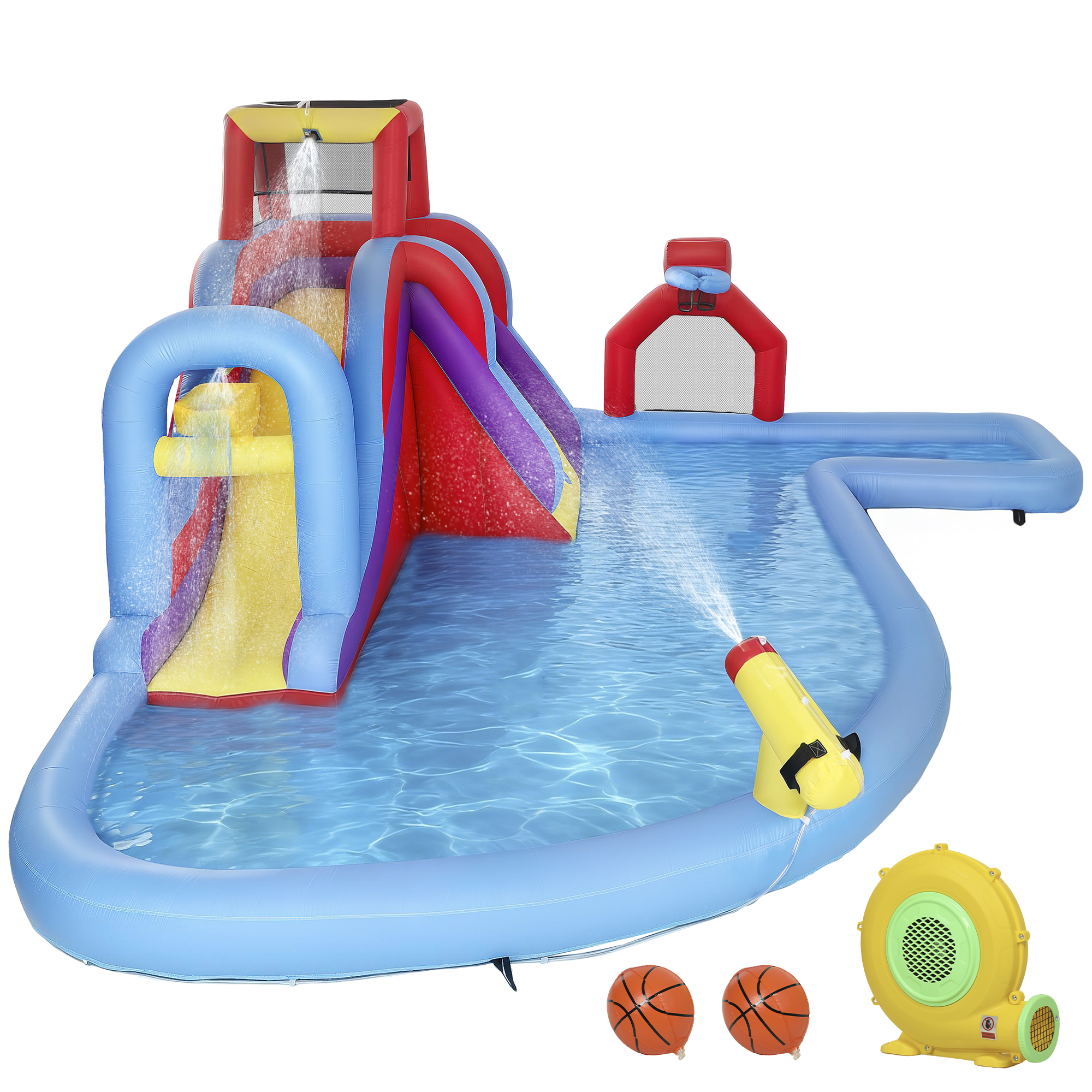 AIYAPLAY Castillo Hinchable Acuático Grande con Soplador 550W 6 en 1 Castillo Hinchable Niños con Tobogán Pared de Escalada Piscina Aro de Baloncesto Portería de Fútbol Exterior Interior 470x445x205cm