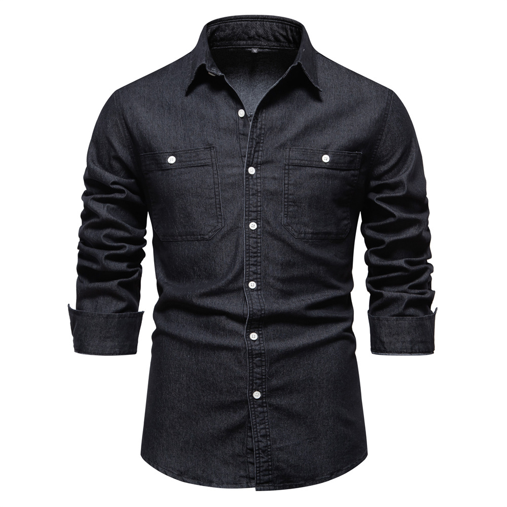 TK Camisa vaquera de manga larga para hombre, estilo otoño/invierno, sin arrugas, color liso informal.