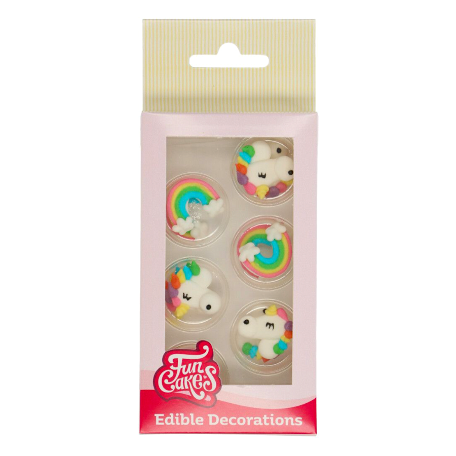 Decoraciones de Azúcar Comestibles Funcakes - Unicornio y Arcoiris - Medida 2 Cm - Caja 8 Unidades