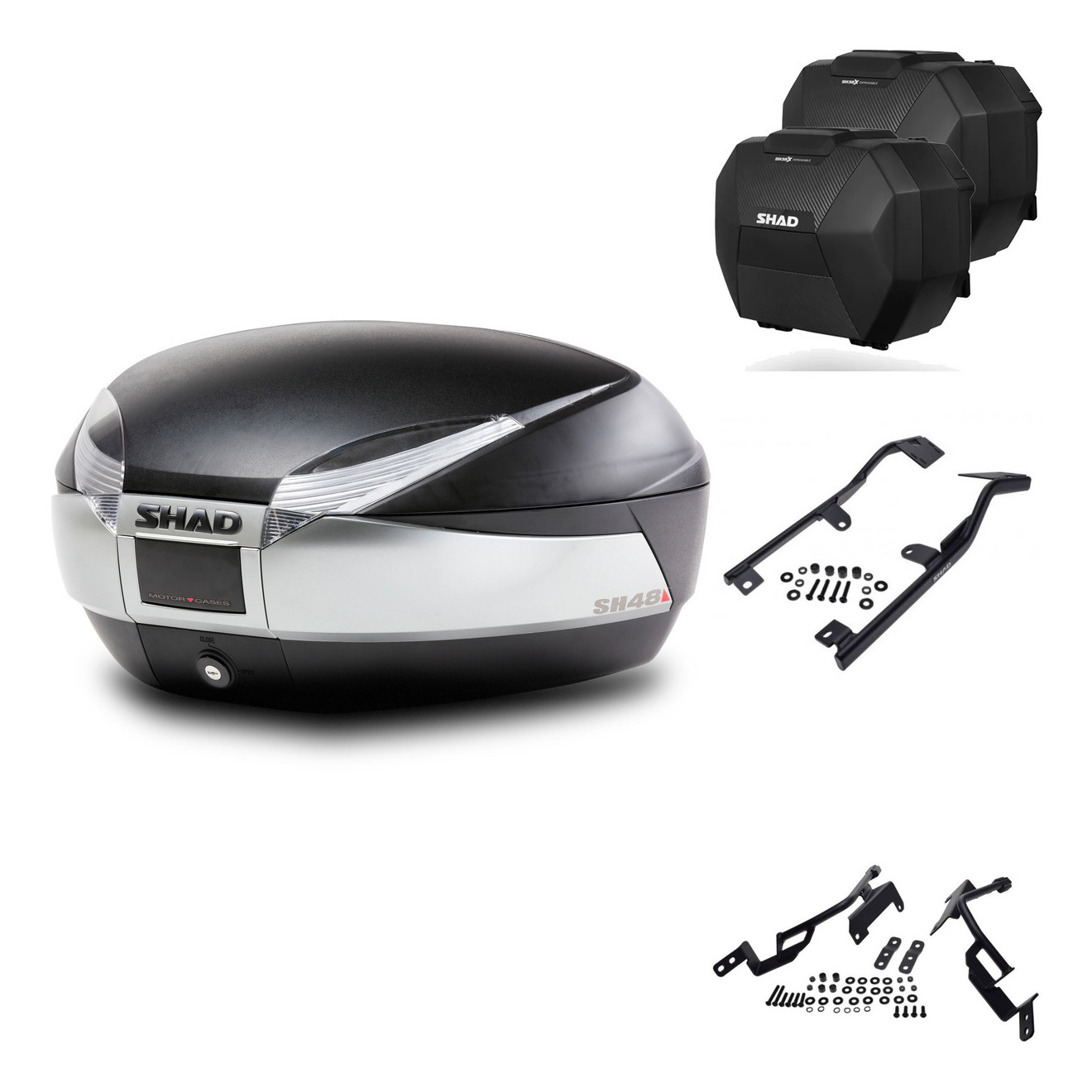 Sh38x Carbon Cases + 3P Mount + KIT-576026 for BMW F900R/XR 2020-2026, lockable motorcycle trunk made of durable ABS plastic, offering secure helmet storage and quick release functionality.