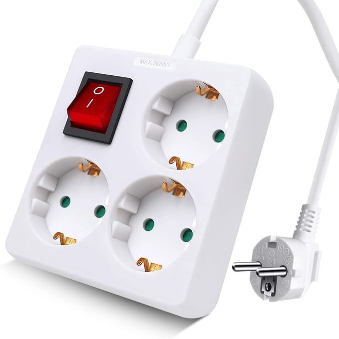 Extrastar Regleta Enchufes Alargador Cuadrado 3 Bases 1.5 M/3M 16A/250V/3G/ MAX3680W con Interruptor (Blanco) Marca Extrastar