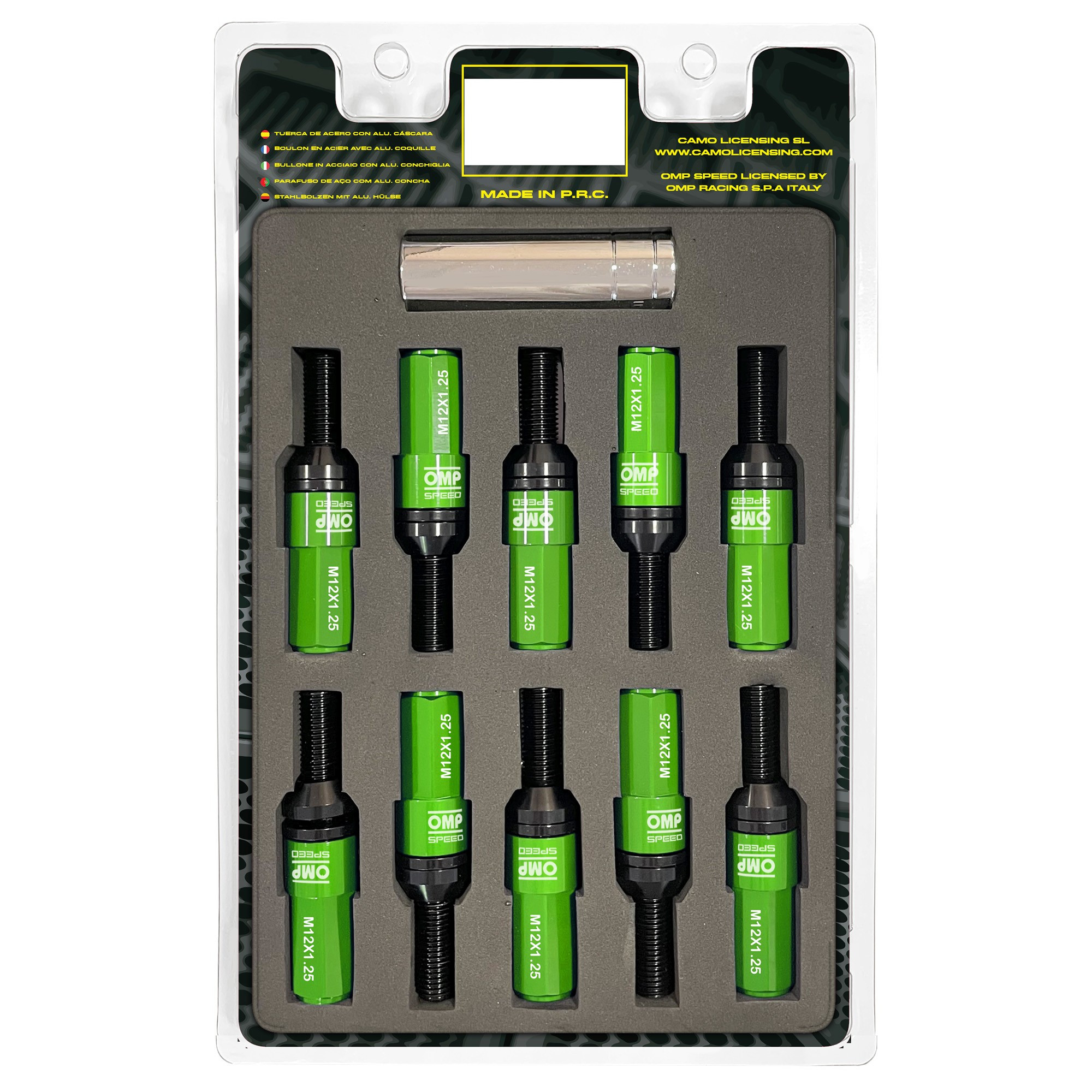 OMP SPEED JUEGO DE 20 TORNILLOS CON PROTECTOR DE ALUMINIO DE COLORES M12X1.25 LLAVE DE 17-19 LARGO 28MM CON PROTECTOR VERDE