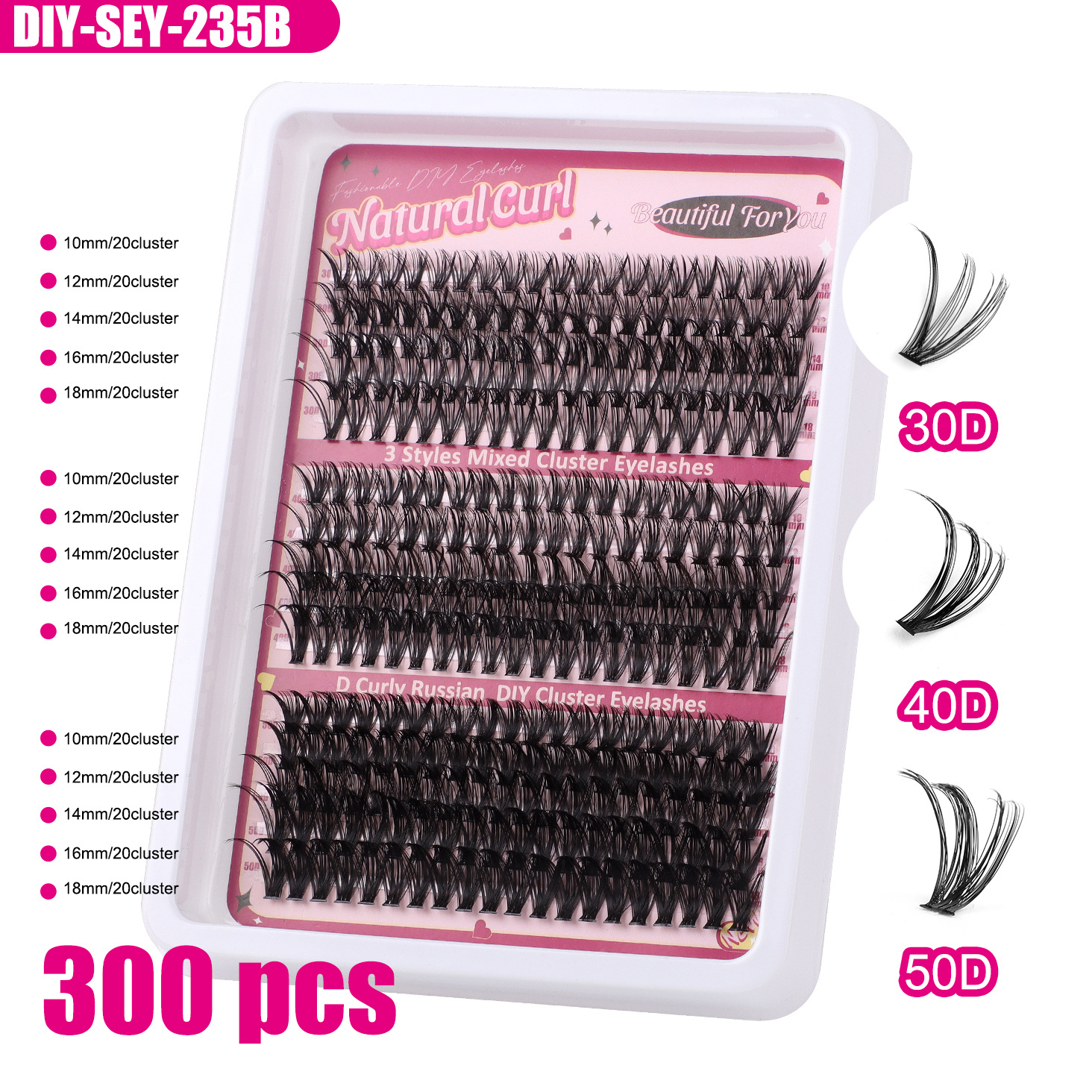 270 racimos de pestañas postizas en racimo único, curvatura D, densidad 60D y 100D, diseño segmentado DIY para autoaplicación, acabado natural y voluminoso