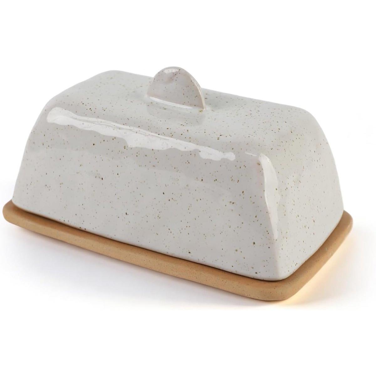 Mantequera - Mantequera con tapa - Mantequera de cerámica de estilo vintage - Apta para todos los tamaños de mantequilla estándar (250 g) - Apta para lavavajillas - La mantequera de porcelana conserva el aroma de la mantequilla - Queso y queso fundido (pa