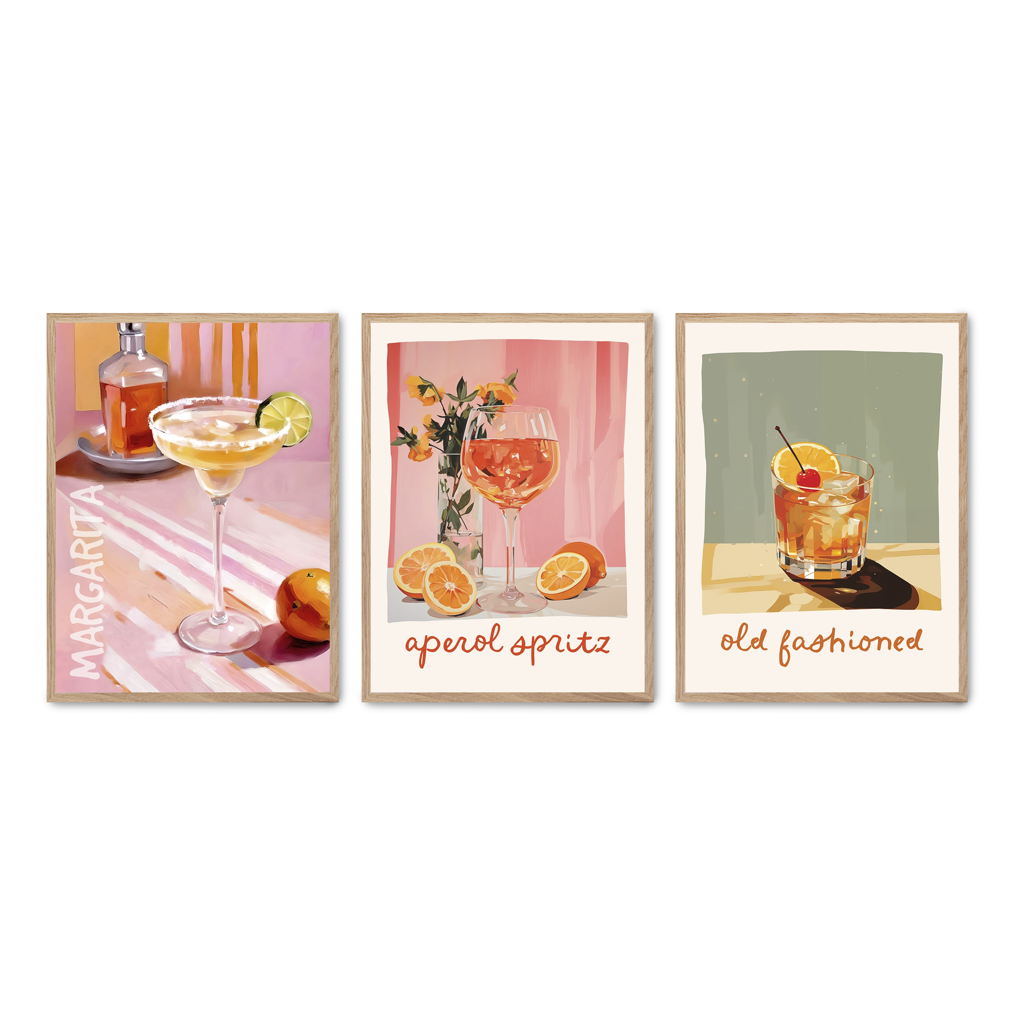 Set compuesto por tres cuadros con marco roble 30x40cm, Póster impreso en papel de calidad premium de 180gr, montado en marco de madera MDF con acabado en color roble, SETS