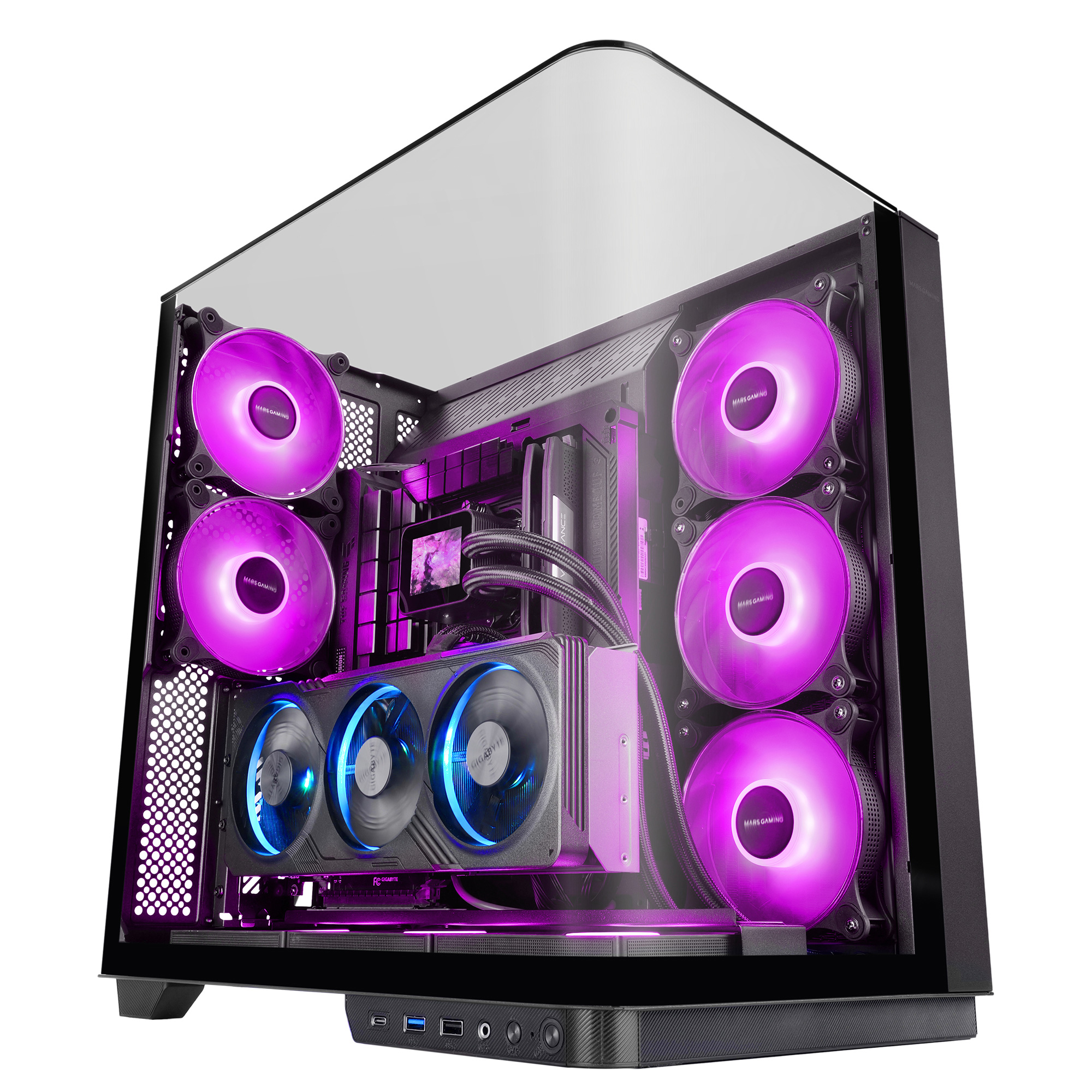 Mars Gaming MC-INFINIO, Caja Gaming ATX, Cristal Templado Curvado Sin Marco, 2x Ventiladores ARGB 120mm, Montaje Vertical de Tarjetas Gráficas, Soporte Refrigeración Líquida hasta 360mm, USB-C, Torre PC Negra o Blanca