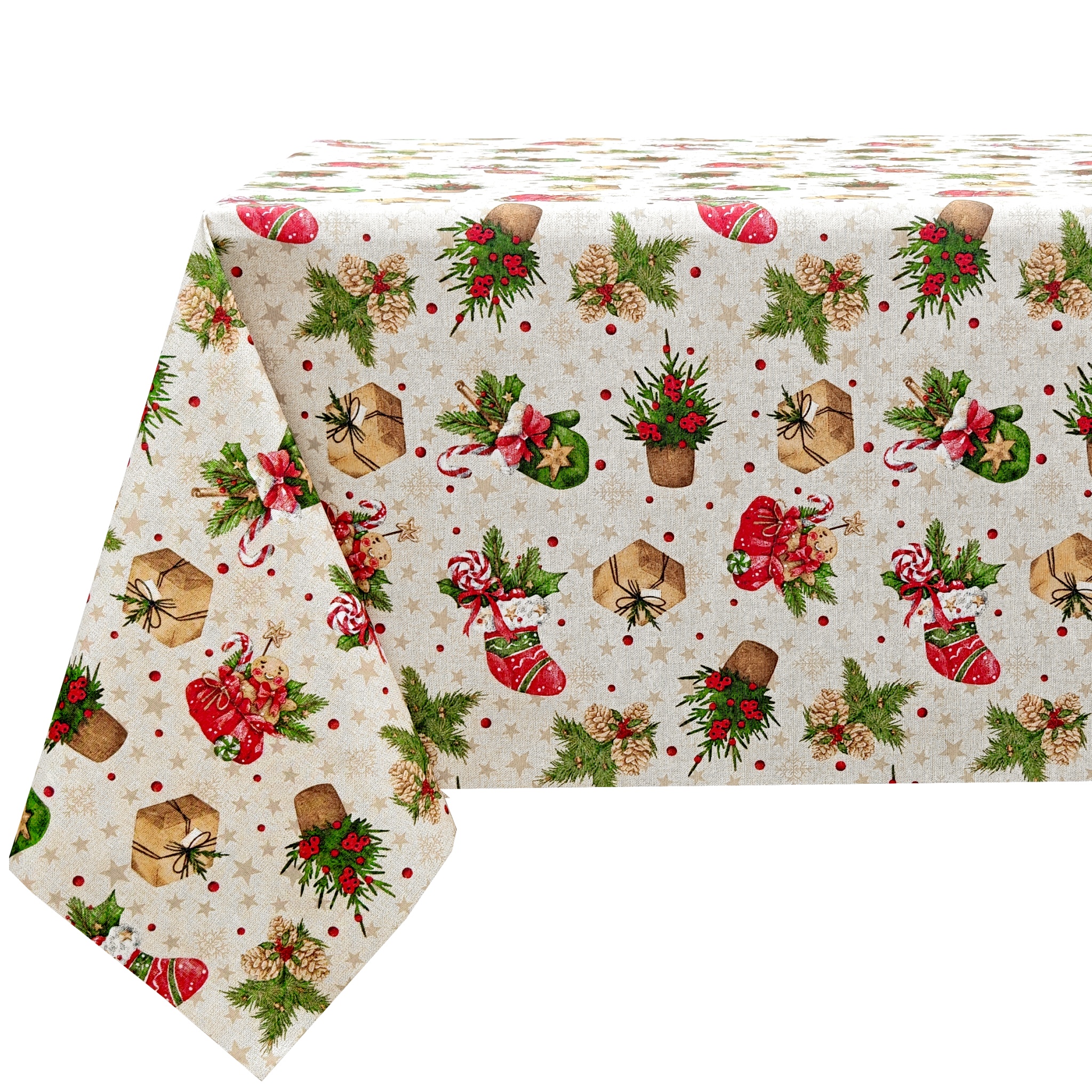 Mantel de Navidad de Tela Resinada Antimanchas e Impermeable, Diseño con Regalos, Calcetines Navideños y Ramas de Abeto, Fondo Beige Efecto Lino, para Cocina, Comedor y Decoración Navideña