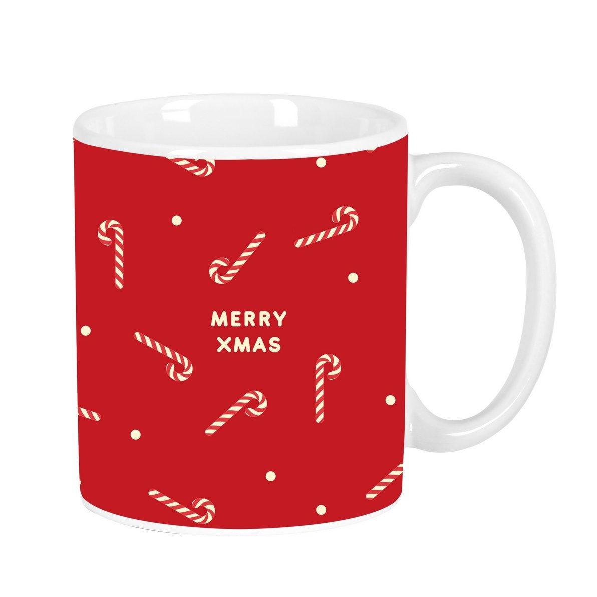 SAFTA | Taza Grande Caramelos Merry Xmas 8 x 9,5 x 8 Cm, Cerámica 350 ml con Asa, Color Rojo con Bastones de Caramelo y Texto Merry Xmas, Presentación en Caja de Cartón, Regalo Navidad y Hogar