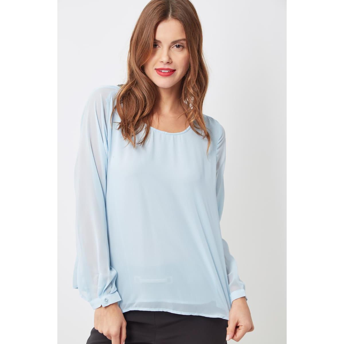 Blusa fluida mujer escote espalda pedrería, manga larga, cuello redondo, ligera, elegante, outfit versátil, azul claro, talla S, ideal trabajo y eventos, look moderno, cómoda ✅Entrega 24/48h