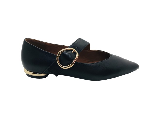 Zapato Plano Mary Jane en Piel Negra con Hebilla Dorada, Elegancia y Comodidad para el Día a Día, Marca Gioseppo