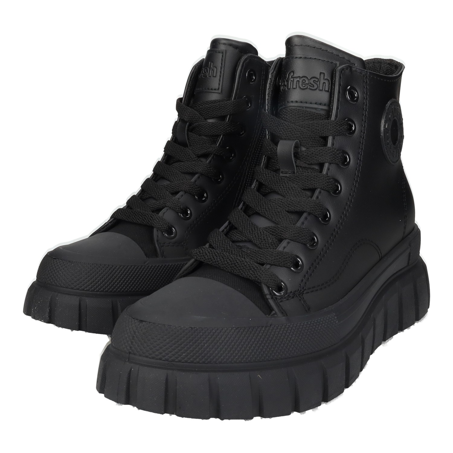 Botas marca REFRESH para mujer en color negro. Botines plataforma para mujer, en color negro, con cierre de cremallera y cordones, calzado libre de materiales de origen animal, hechas por Refresh