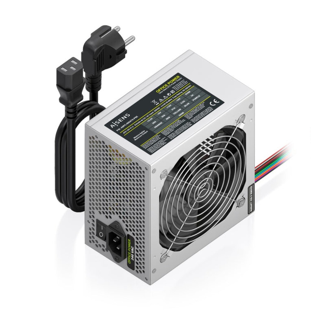 Aisens - Fuente de alimentación ATX 500 W para PC con protección contra sobretensión, sobrecorriente y sobrecalentamiento, cable OEM incluido, color plateado