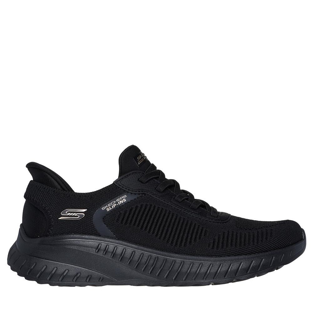 Cómoda  Deportiva mujer Skechers SLIP-INS BOBS SQUAD CHAOS tejido negro. Diseño para calzar sin manos Comfort Pillow en el talón. Plantilla amortiguadora Memory Foam Altura Tacón bajo (1-3 cm) Referencia 117497-BBK