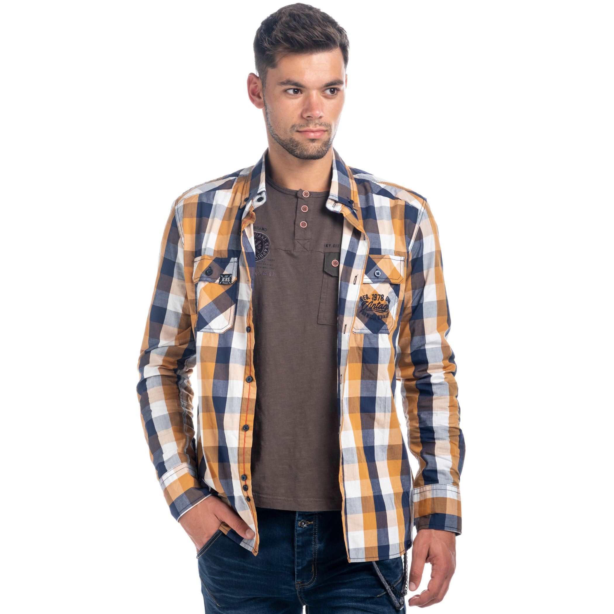 Koroshi - Camisa manga larga de cuadros en 100% algodón con doble bolsillo y letras bordadas para hombre, estilo workwear casual