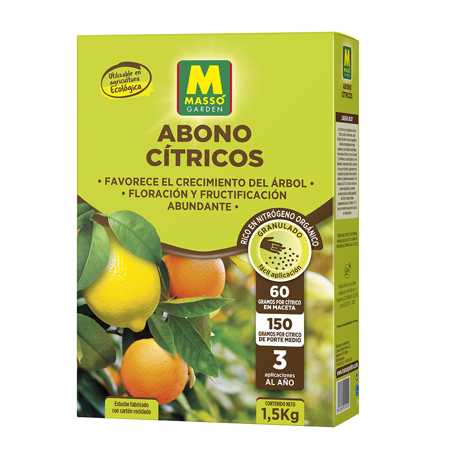 Abono ECOLÓGICO para Cítricos (Limoneros, Mandarinos, Naranjos...) de Gran Efecto Reverdesciente y Capacidad para Mejorar Frutos | Envase 1,5 KG | Apto Aplicación en Maceta y Suelo | Nexum Market