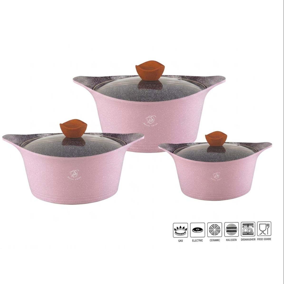 Pack de 3 ollas rosas con revestimiento de piedra 24cm-28cm-32cm