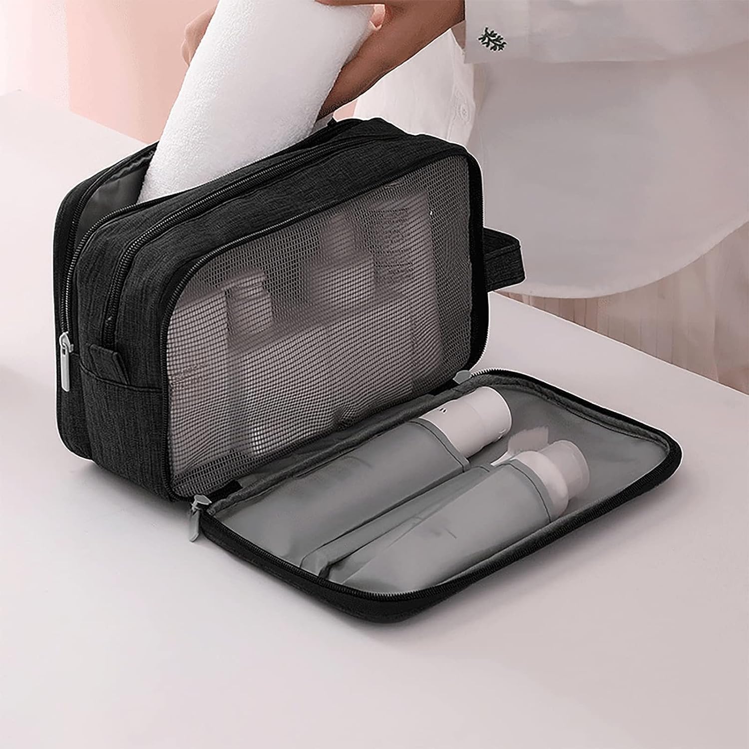 TK Neceser para hombre y Mujer, Bolsa de baño, accesorios de viaje, Bolsa de maquillaje, Cosméticos organizadores, Negro , Sencillo