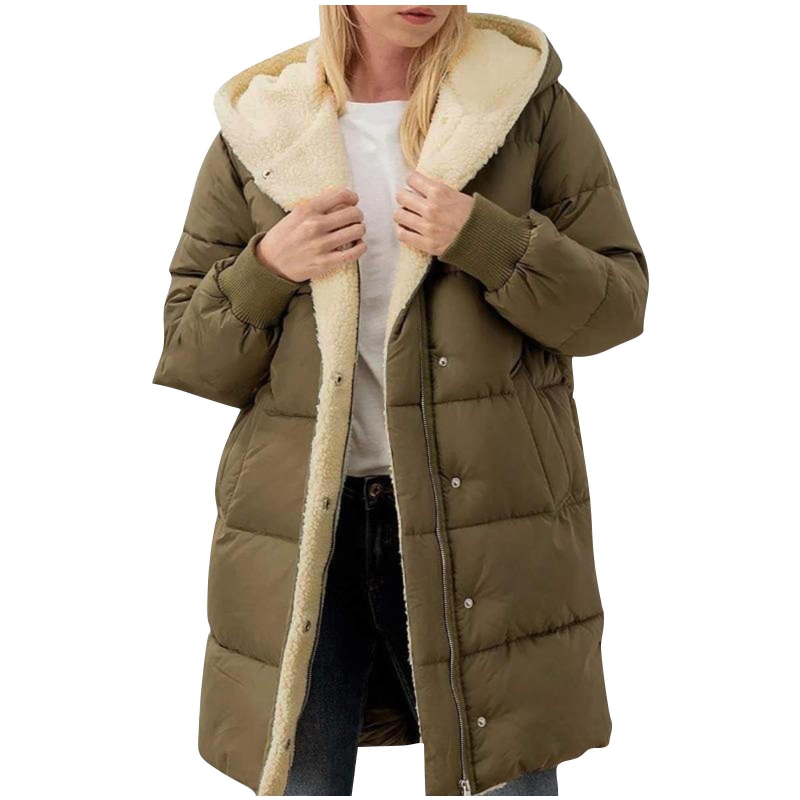TK Abrigo largo acolchado con forro de piel de oveja, chaqueta de invierno para mujer con capucha y bolsillos, talla grande 2025