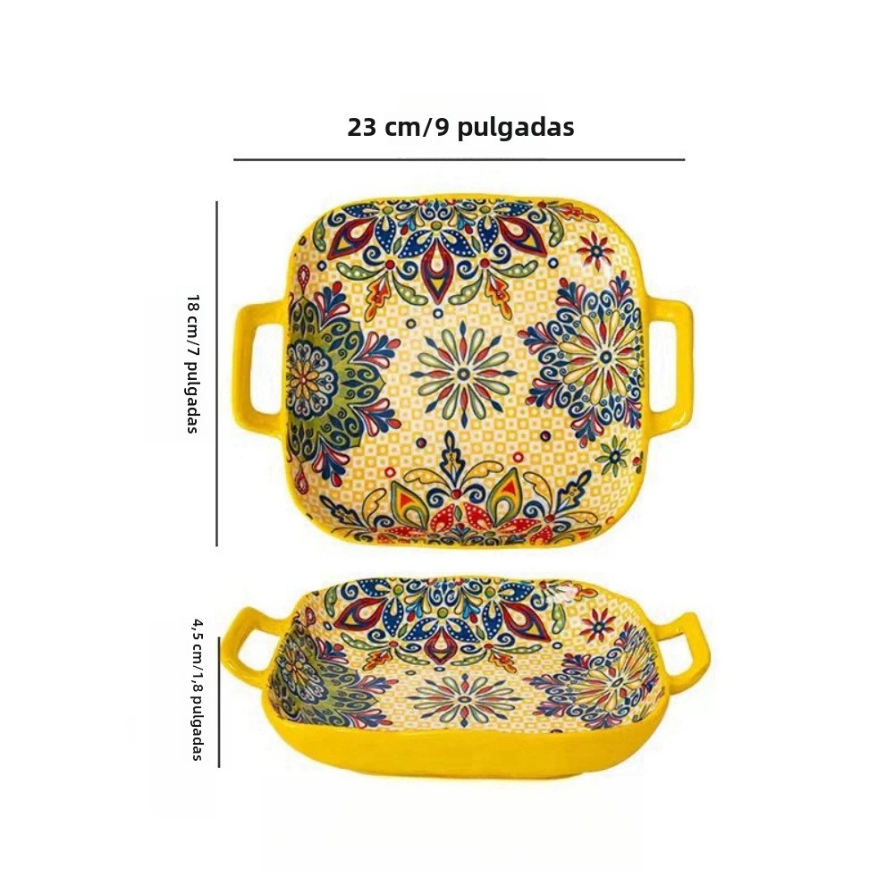 TK Plato De Ensalada Bohemio De 9 Pulgadas Con Doble Oreja De Cerámica Resistente Al Horno Y Microondas Para Pasta Y Alimentos