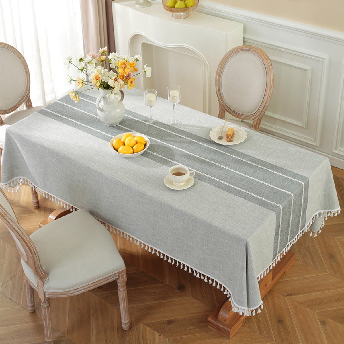 Rechthoekig linnen tafelkleed, vlekbestendig, modern tafelkleed met stoflook, waterdicht, geschikt voor buiten, voor verjaardagen, bruiloften, banketten, restaurants, feesten, babyshowers, enz, Gestreept grijs,140*140cm