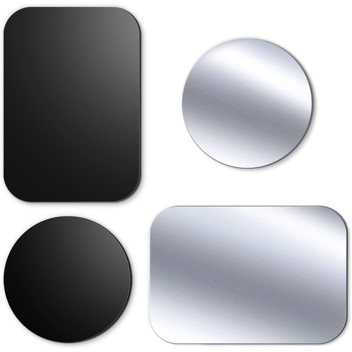 TEMCO 4 Láminas metálicas para movil, Placa Metal Adhesiva para Iman Coche movil 4 Piezas - Chapas metalicas Muy Finas con Adhesivo para Soporte de movil para coche, para Soporte magnético, Plateado & Negro