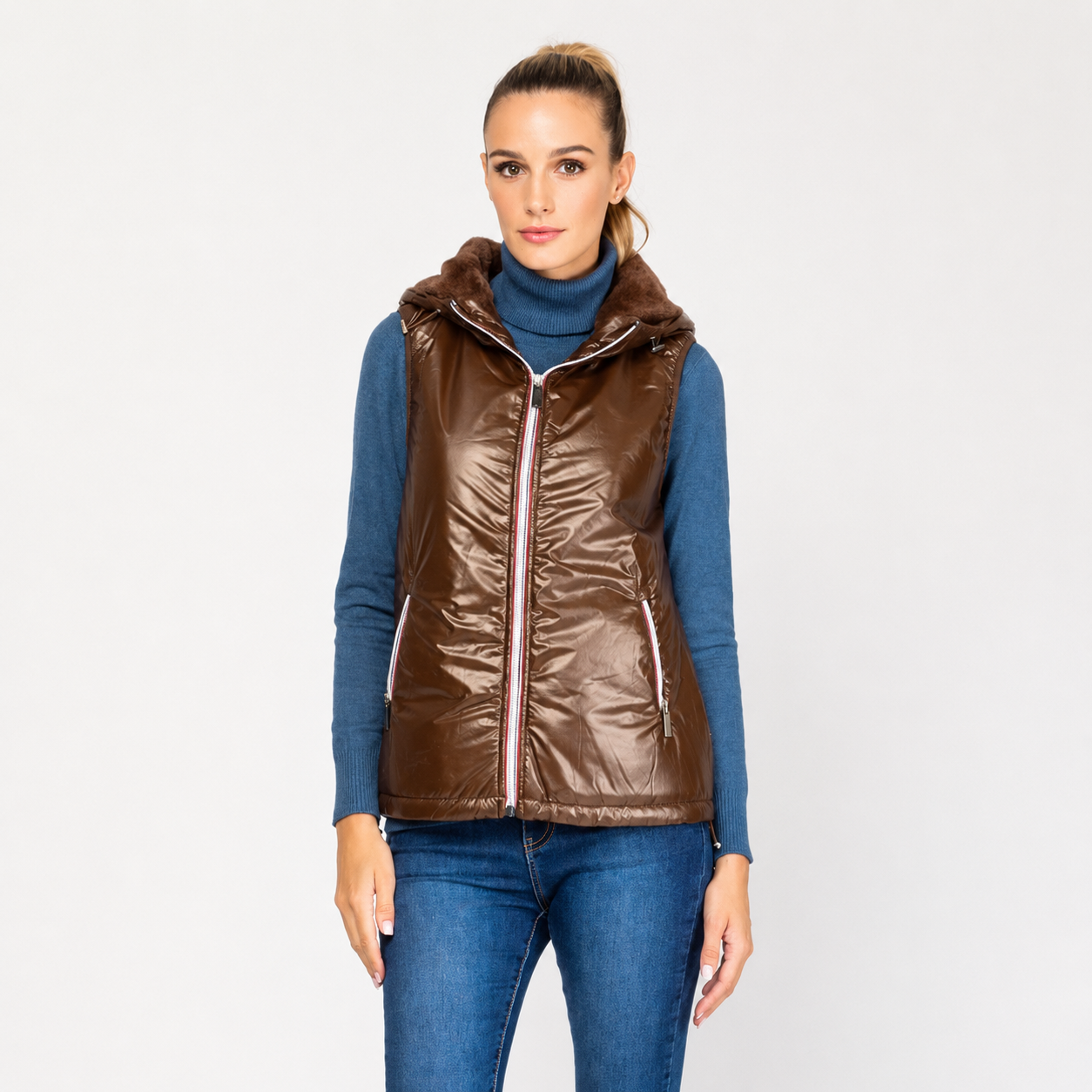 Tantra chaleco mujer acolchado marrón brillante con capucha y pelo – Talla S