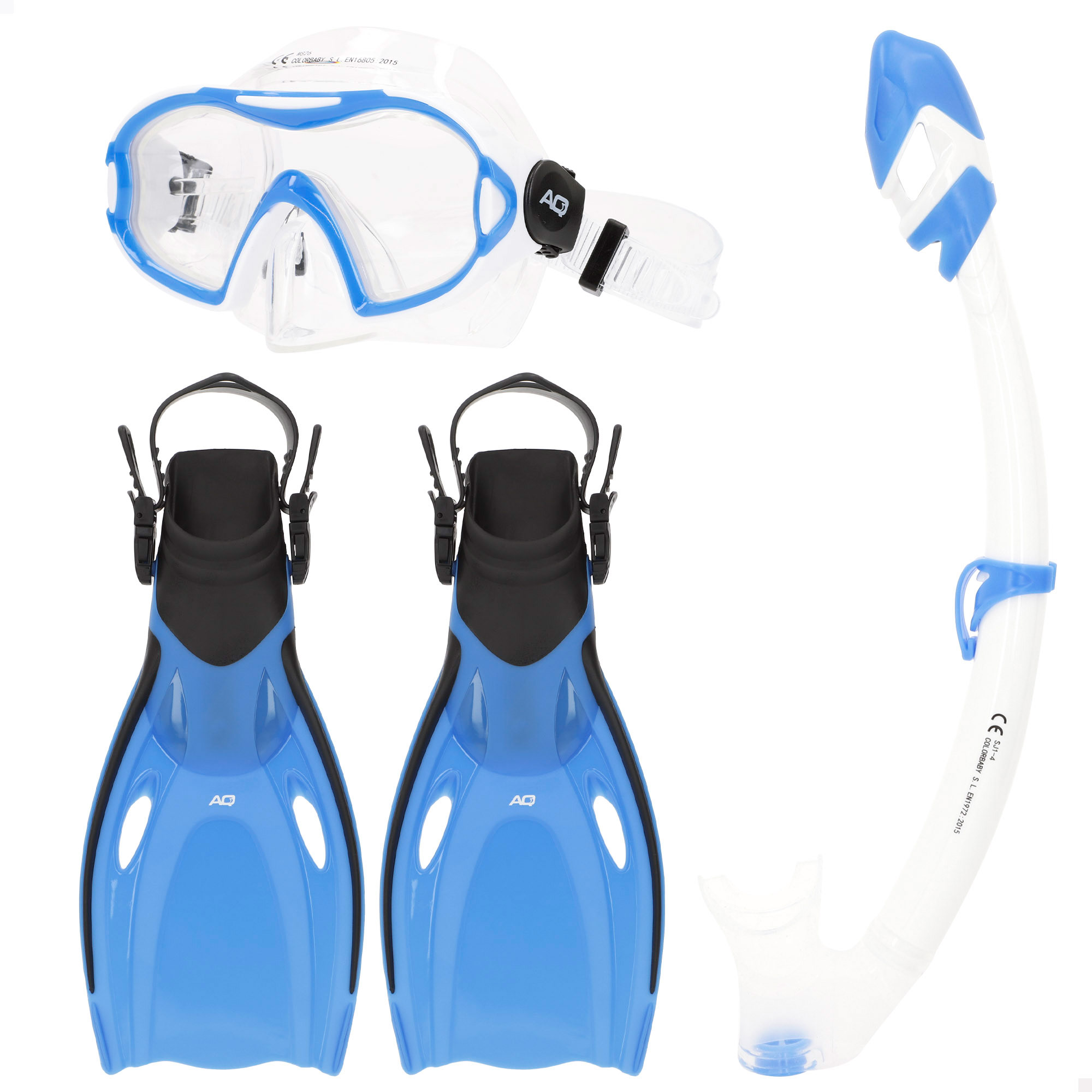 Aqua Sport - Set Snorkel adulto, talla L/XL, máscara con tubo y aletas, + 7 años, cristal templado, anti vaho, sin silicona, antisalpicaduras, máscara para principiantes
