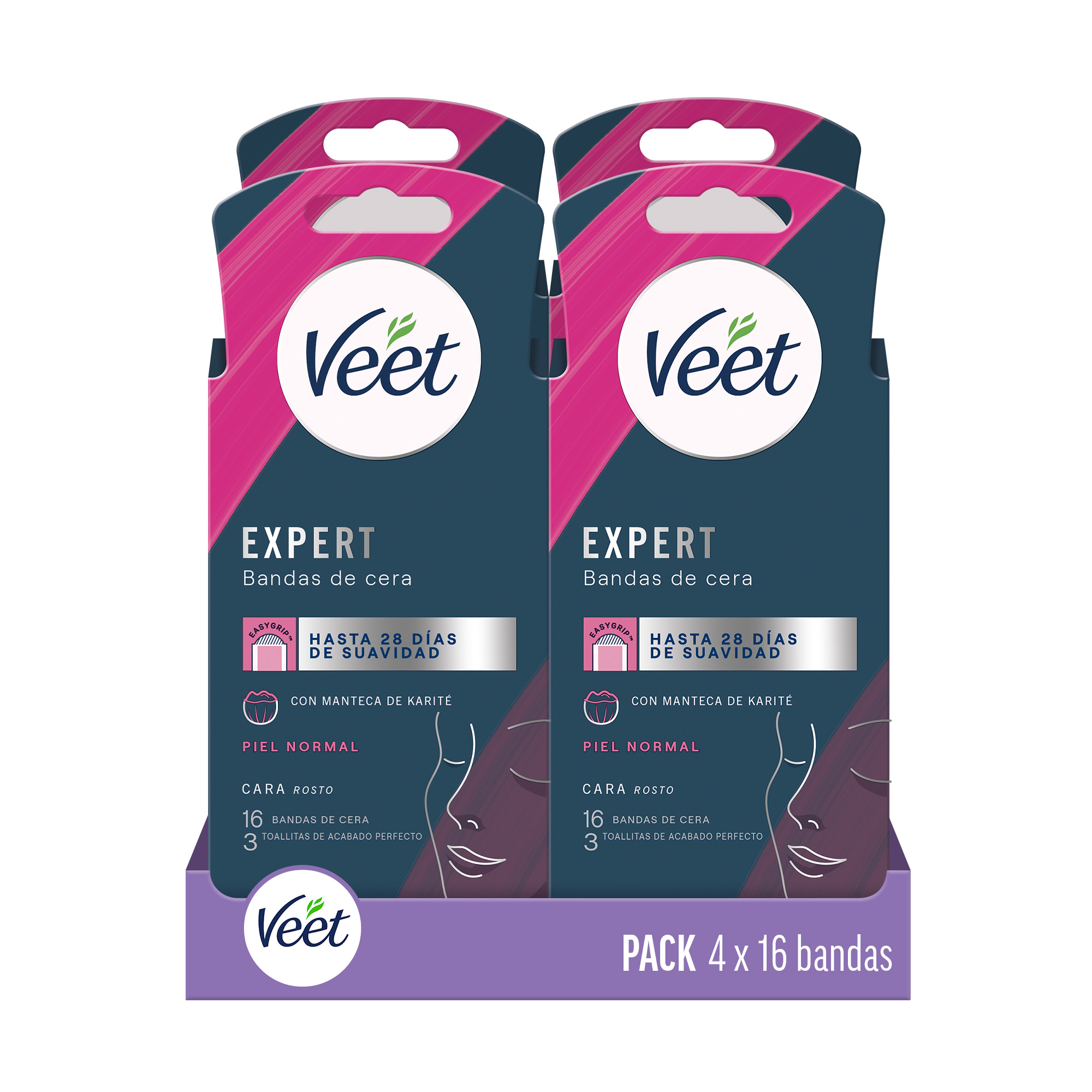 Veet Expert Bandas de Cera Fría Facial | Depilación Labio Superior, Mejillas y Barbilla | Piel Suave hasta 28 Días | Con Manteca de Karité | 16 Tiras + 3 Toallitas