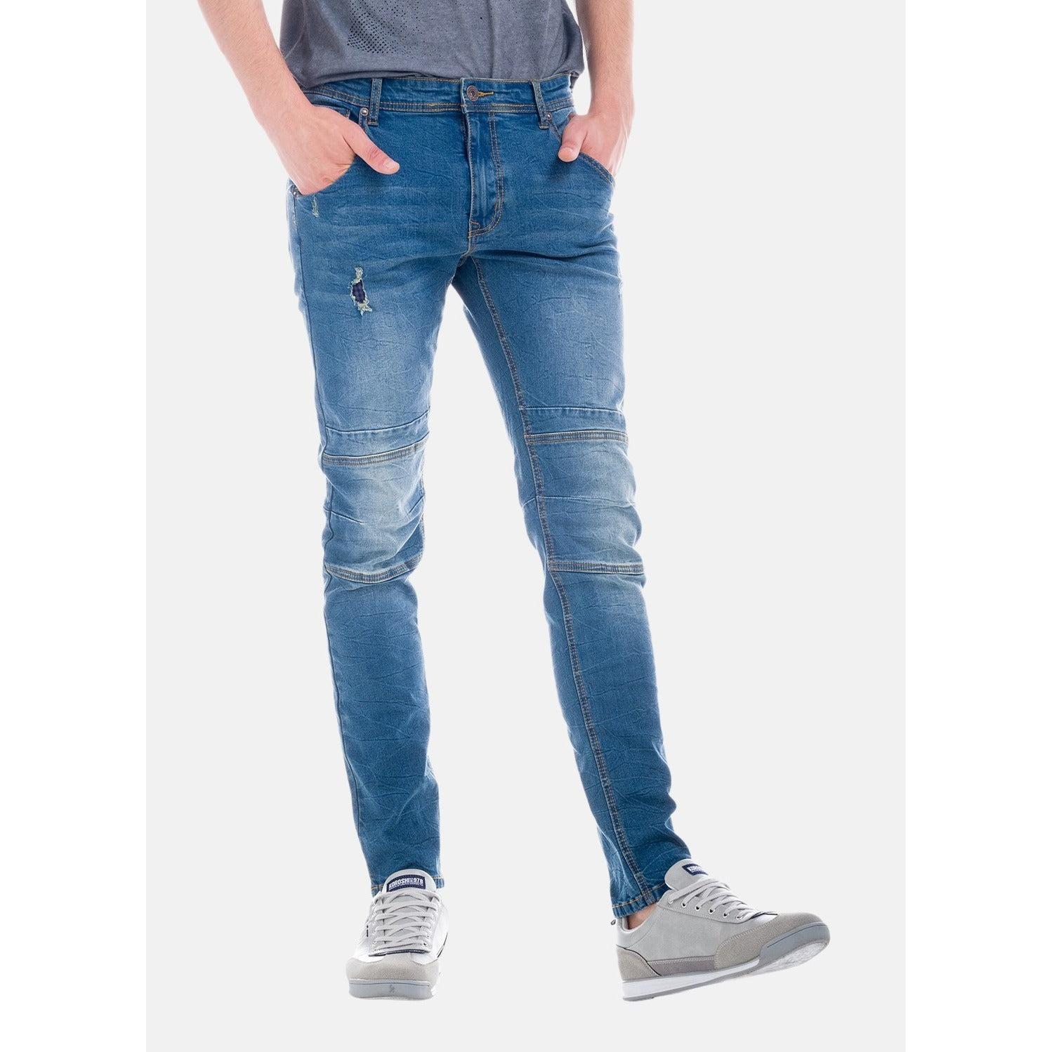 Koroshi - Pantalón vaquero slim hombre Koroshi Azul Claro con costuras decorativas en rodillas, roto con tejido de cuadros y lavado desgastado