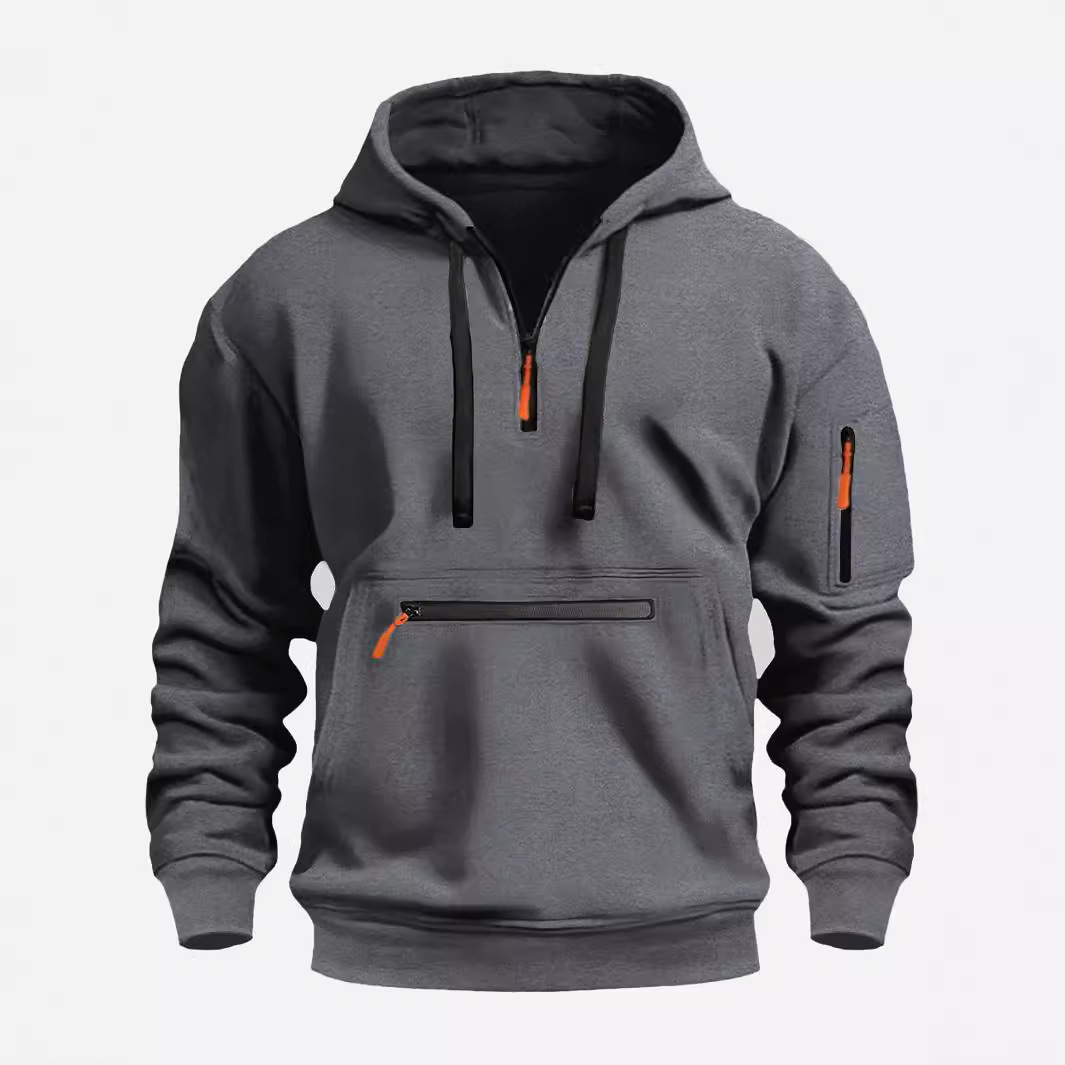 TK Sudadera con capucha cálida de terciopelo y cremallera multibolsillos de moda deportiva informal de otoño e invierno para hombre
