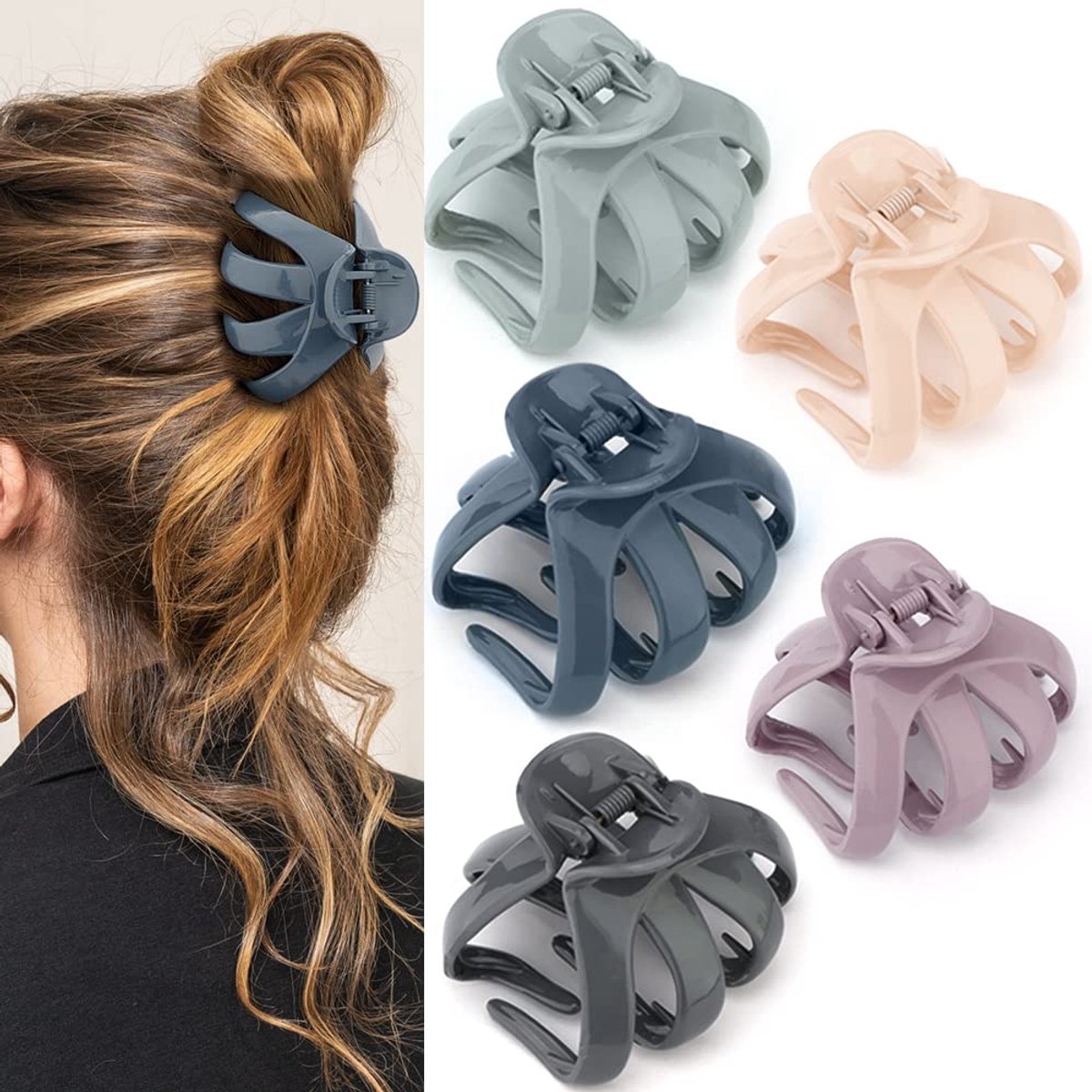 5 pinzas para el cabello - Pinzas de tiburón - Pinzas para recogidos - Pinzas de garra para cabello grueso - Pinzas grandes para el cabello para mujeres - Pinzas de pulpo - Pinzas de mandíbula gigante de agarre fuerte - Accesorios para el cabello para niñ
