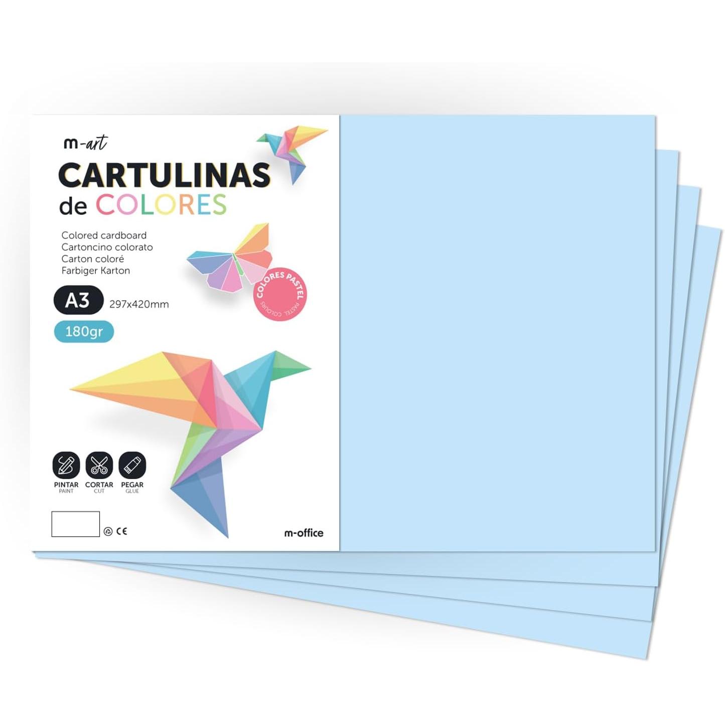 Cartulina de Colores, Cartulina A4 Colores Intensos, Hojas de Colores 180gr para Manualidades, Imprimir tus Documentos y Diseños Creativos, Folios de Colores A4 · m-office (100 hojas, Azul Claro)