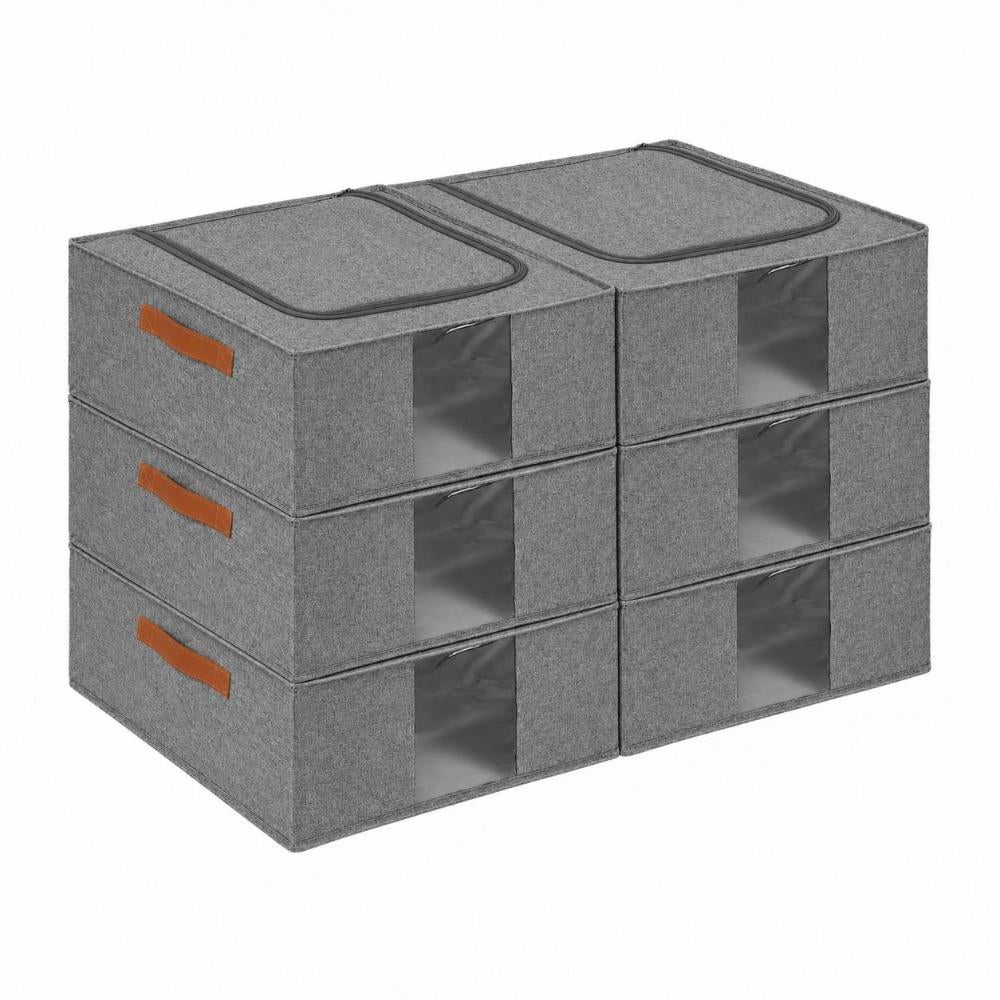 Set de 6 organizadores plegables gris con ventana. 41 litros. 53x43x19 cm Con ventana frontal transparente, cremallera superior y asa lateral. Para guardar ropa o mantas y proteger del polvo. CasaSelección