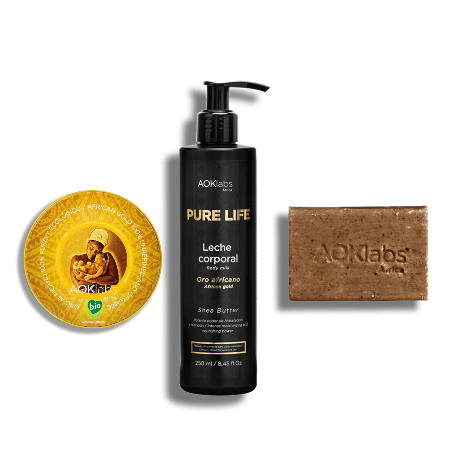 AOKLABS - Pack Kanvili: Oro africano 50 ml + Jabón oro negro + Bodymilk reafirmante | Pack limpiador e hidratante para rostro y cuerpo | Manteca de karité pura con jabón facial limpiador