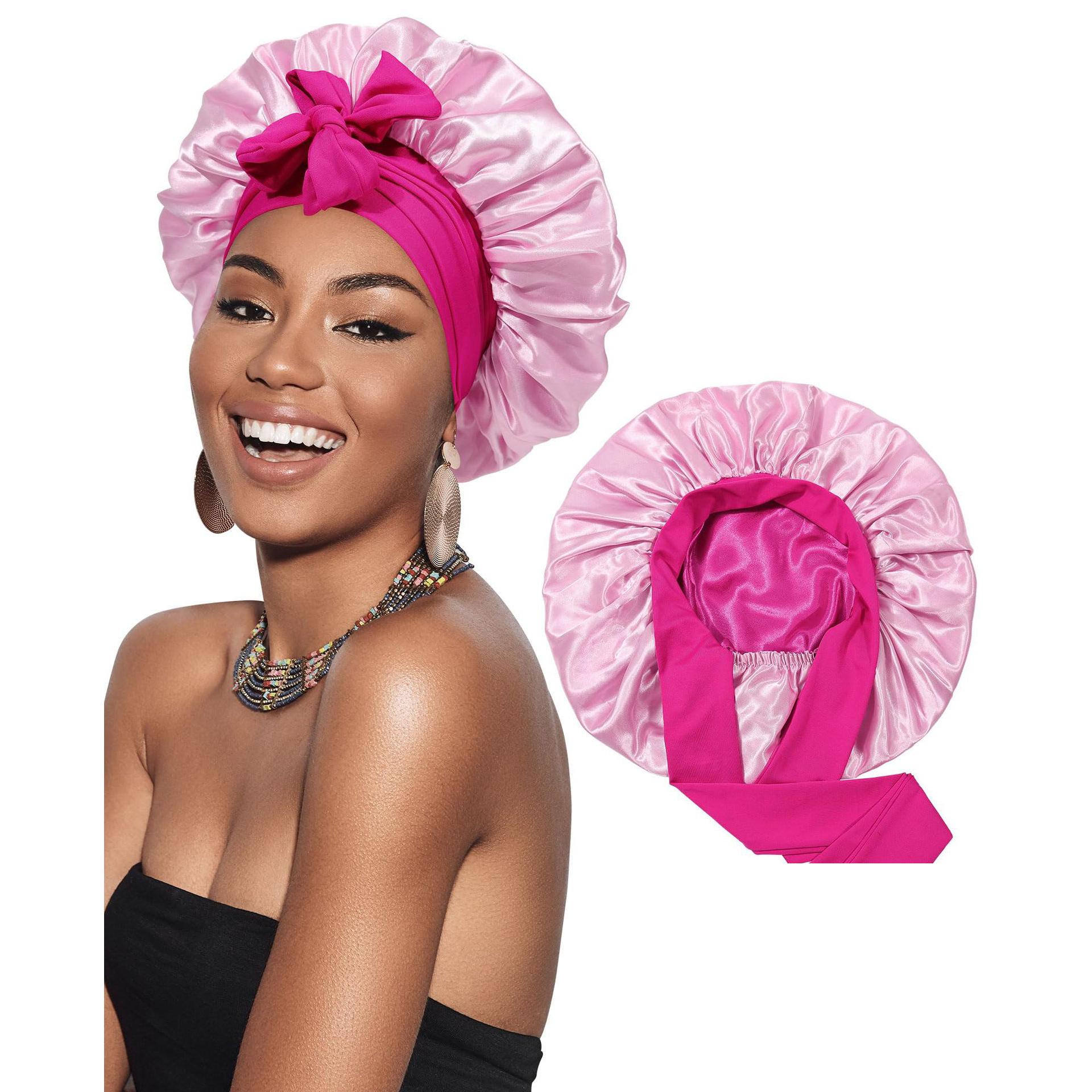 Gorro de dormir ajustable de Seda, gorro de Satén de Doble Capa, gorro Largo de Seda con girta, Diadema de Satén para dormir para Mujeres y niñas (Negro, Rosa)