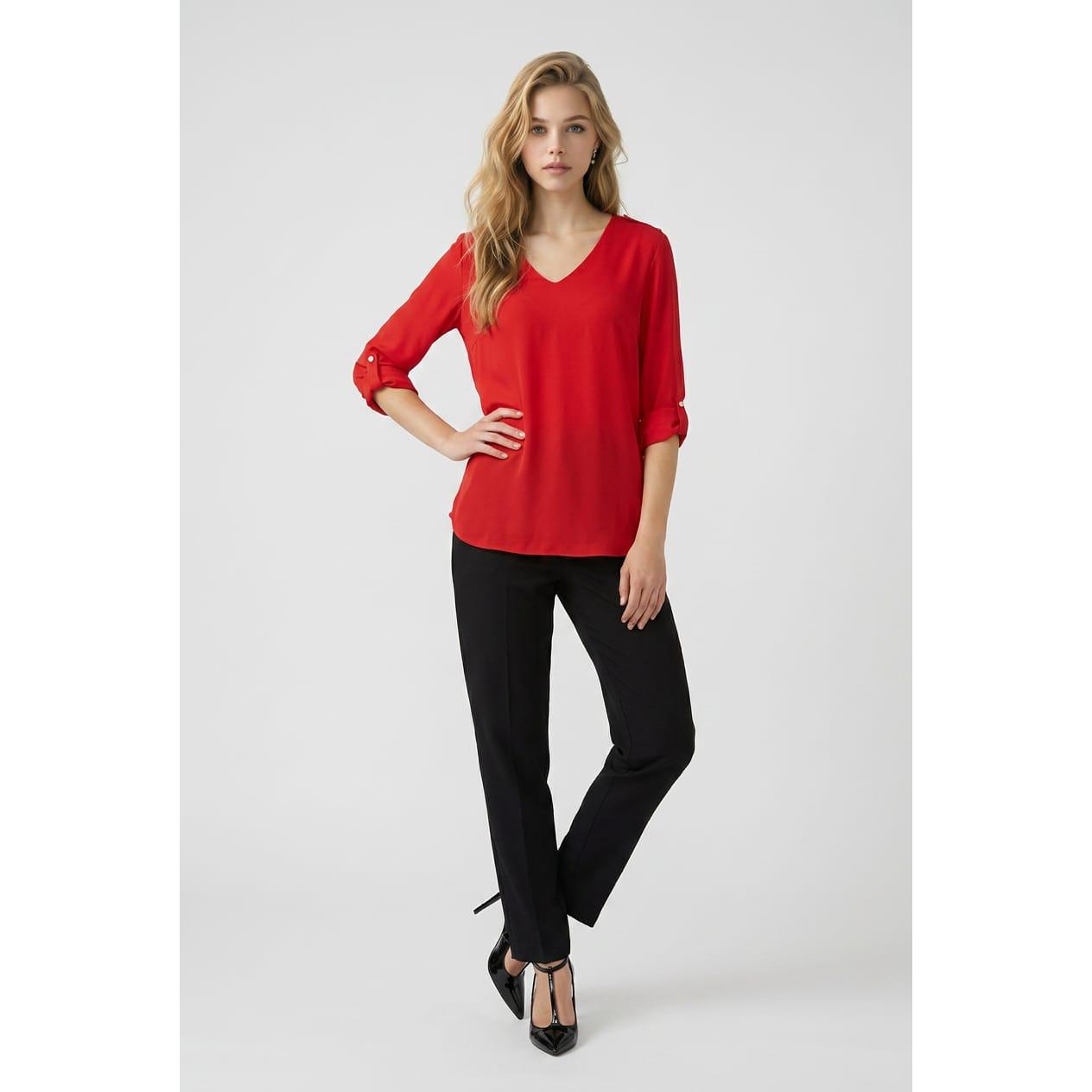 Blusa fluida de mujerMarca Love & Money con escote en V y mangas largas ajustables, confeccionada en 100 % poliéster para looks elegantes y cómodos en entretiempo - REF: H15031