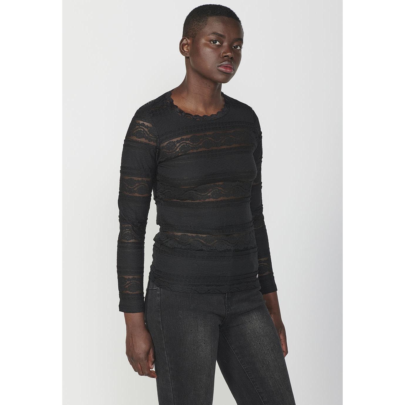 Koroshi - Camiseta manga larga con borde de encaje de puntilla para mujer, tejido listado 100% poliéster suave y transpirable, ideal para oficina o cena — 2422ML02