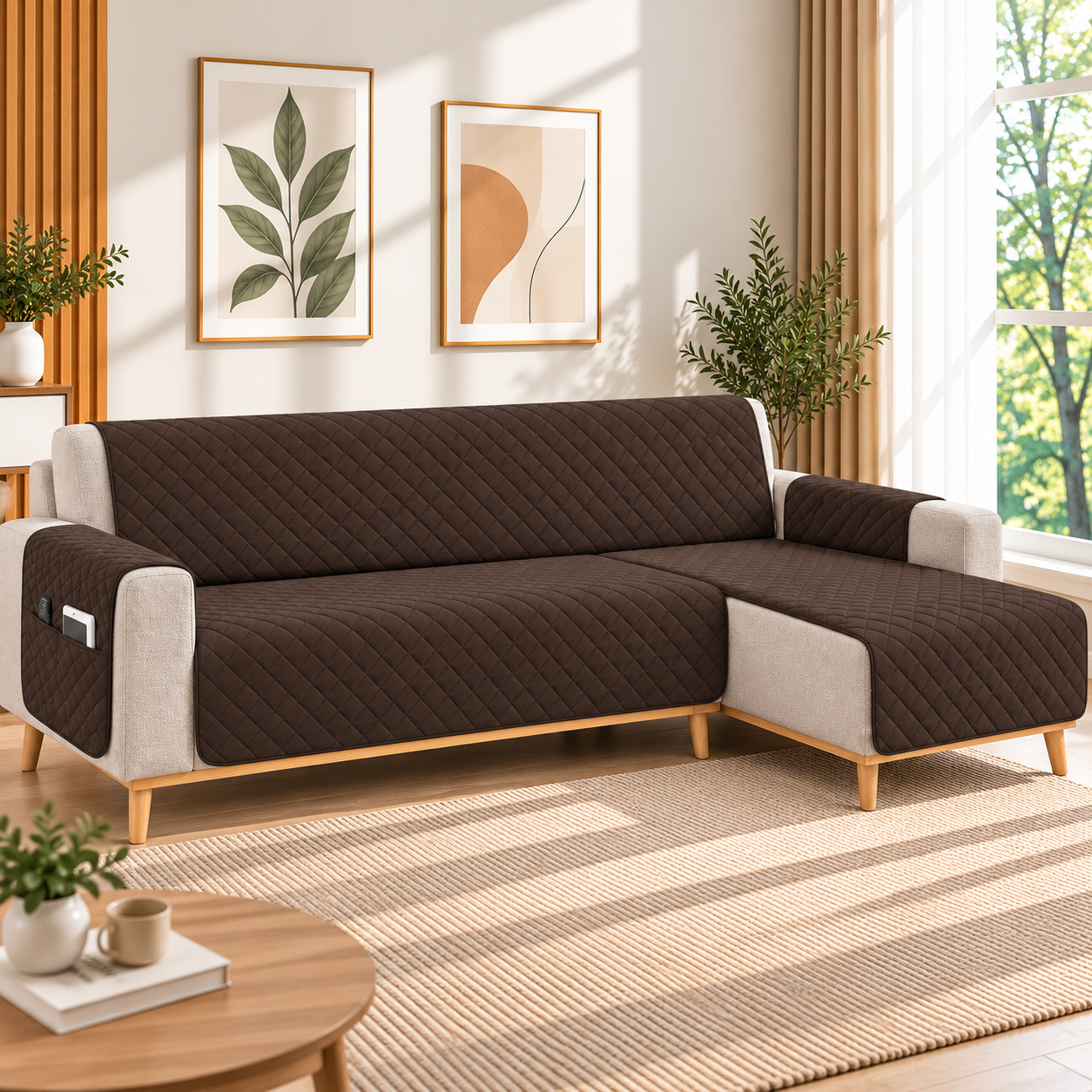 Kynley Protector de Sofá Chaise Longue Acolchado, Funda Cubre Sofá Antideslizante Lavable con Bolsillo, Protector para Mascotas, Chaise Izquierda/Derecha, 2M/2,4M/2,8M