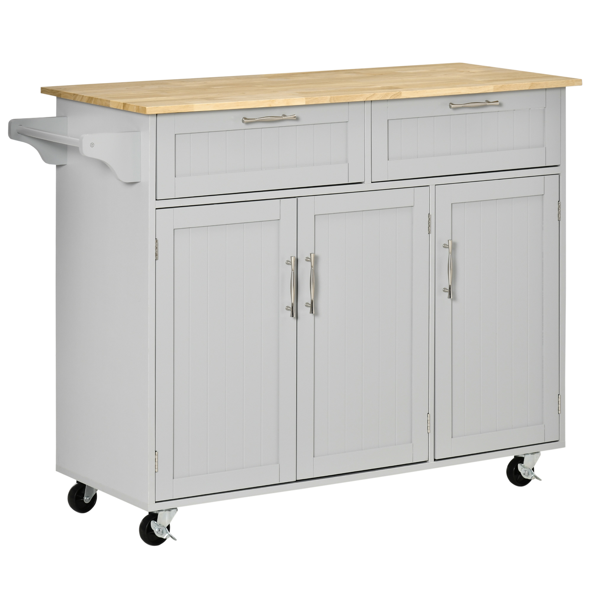 HOMCOM Isla de Cocina Carro de Cocina con Ruedas Carrito de Servicio Multiusos con 2 Cajones 3 Puertas Estantes Ajustables y Barra Colgante para Comedor 121x46x91 cm