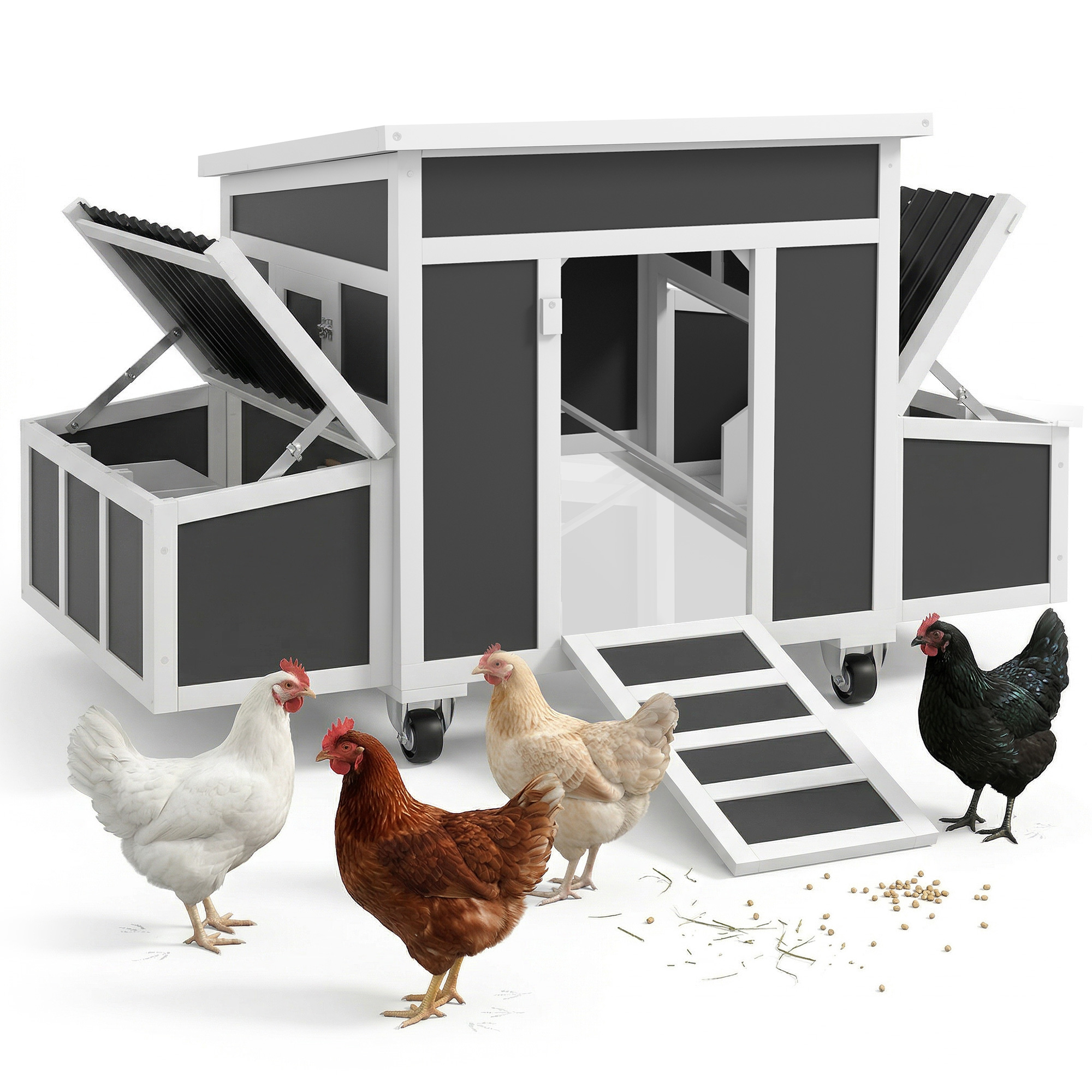 PawHut Gallinero de Madera 147x93,5x89,5 cm Gallinero para Exterior con Ventana Puerta Nido Bandeja Extraíble y Perchas Jaula para 2-4 Gallinas Gris Oscuro