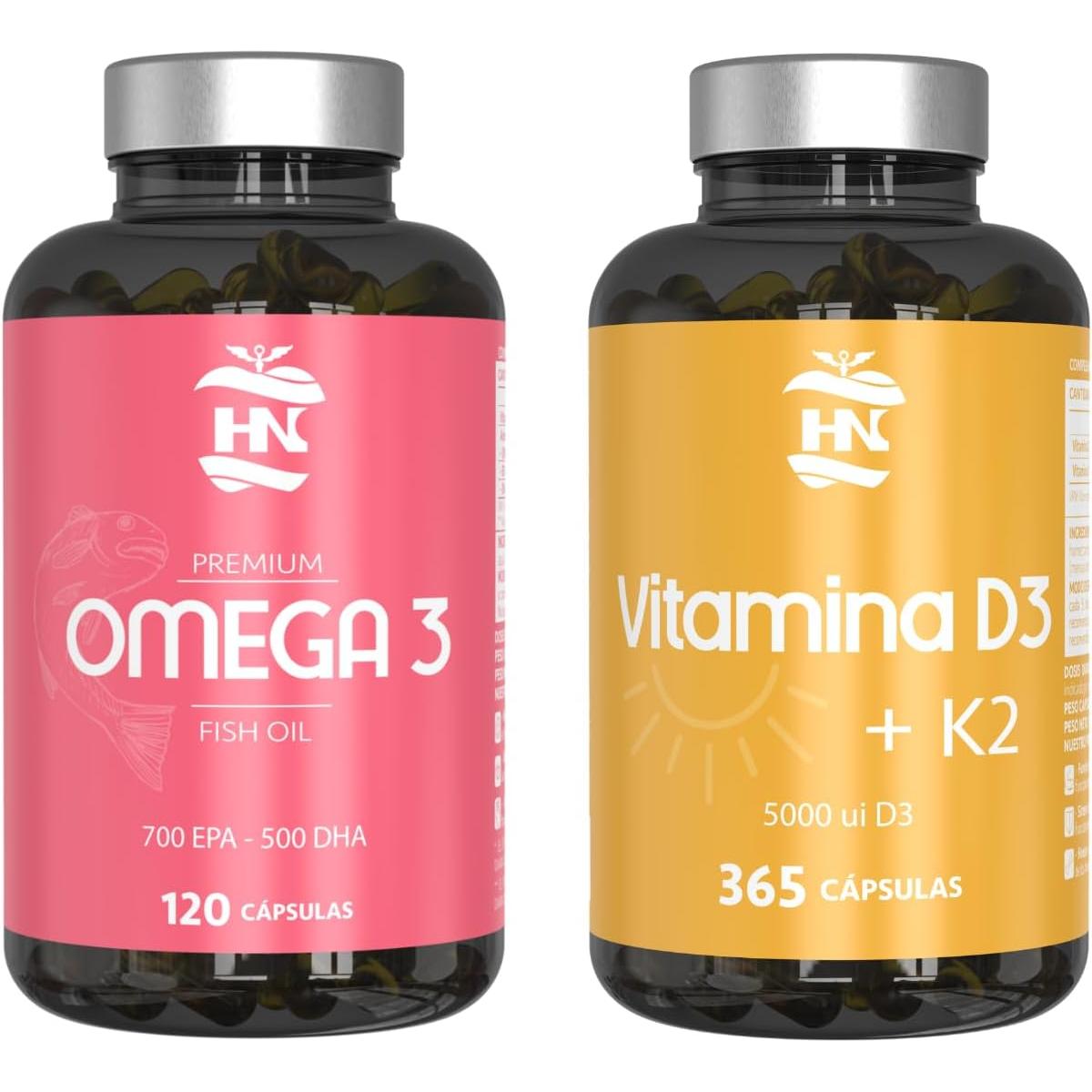 HN Healthy Nutrition Pack Omega 3 Aceite de Pescado (120 Perlas) + Vitamina D3 5000 UI y K2 (365 Cápsulas)