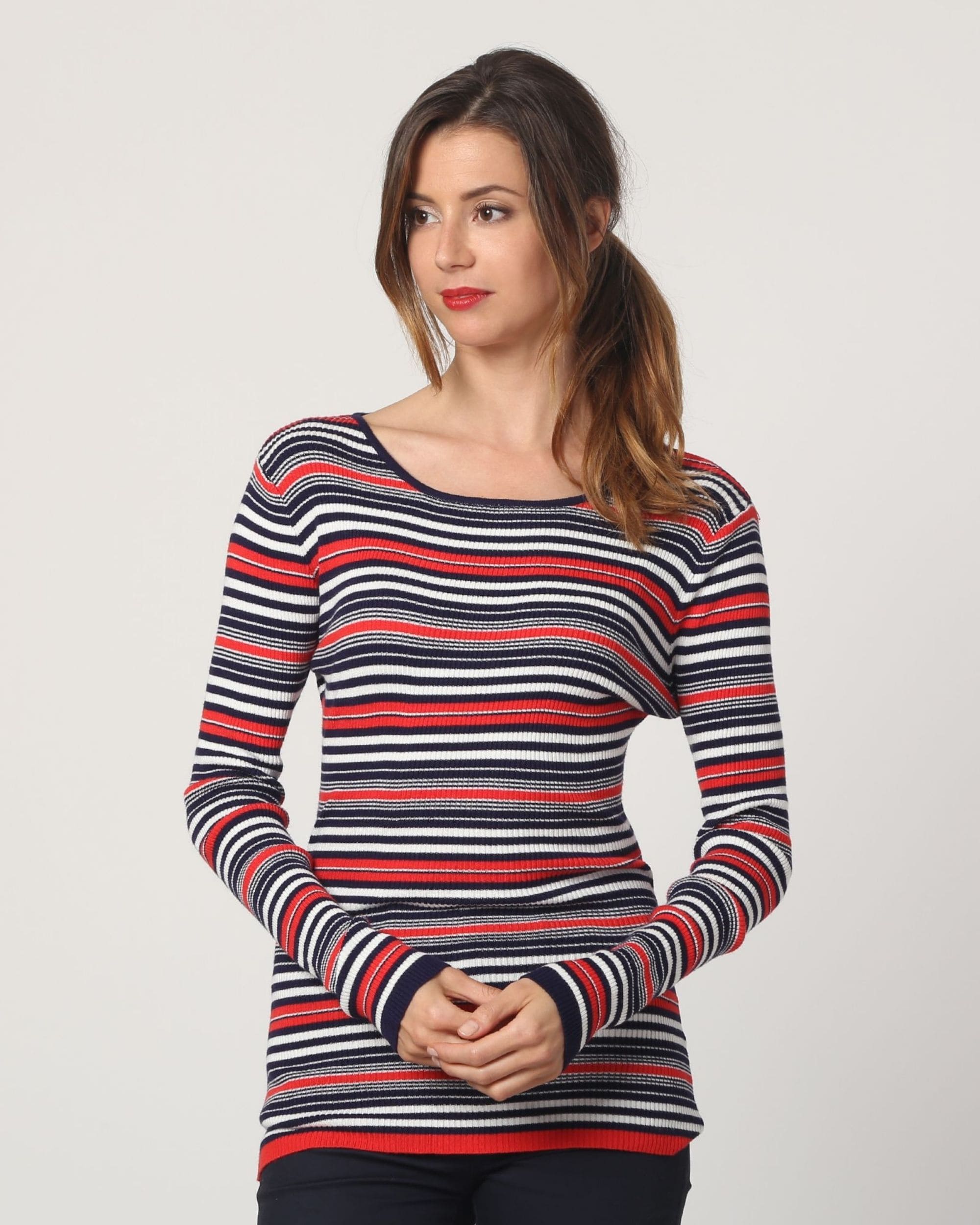 Jersey mujer rayas lana mixta, suéter, ribete acanalado, manga larga, cuello redondo, diseño moderno, colores azul rojo blanco, talla 38, cómodo y versátil, look casual ✅Entrega 24/48h