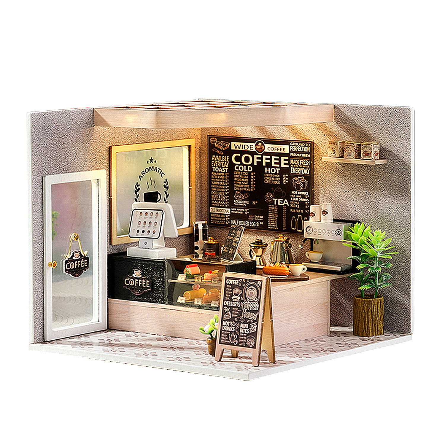 DAM. Cafetería Fácil. Maqueta 3D realista con gran detalle, cubierta antipolvo y luces led. 15x15x13cm.